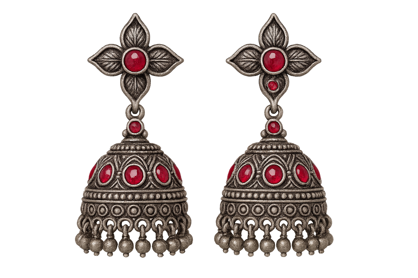 Oxidized Silver Jhumkas 57 with ruby give the image in png format no background 