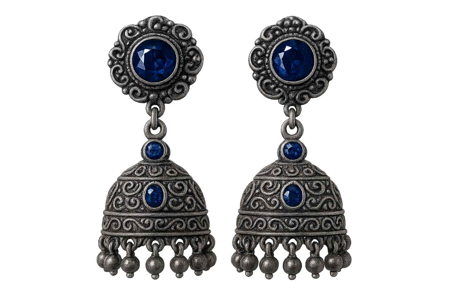  Oxidized Silver Jhumkas 57 with sapphire give the image in png format no background 