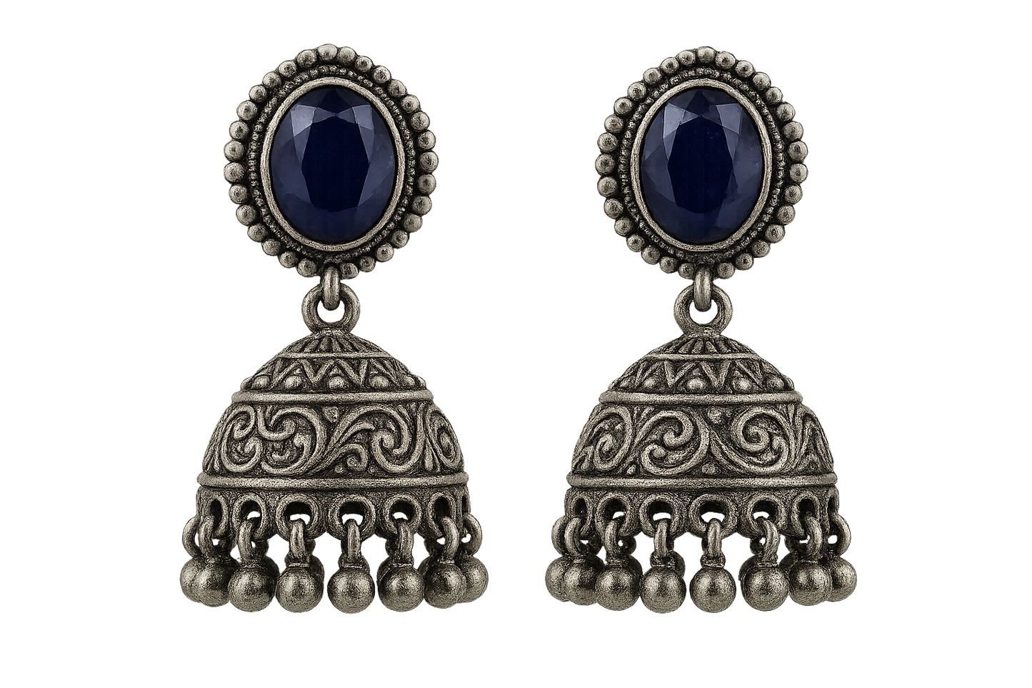 Oxidized Silver Jhumkas 57 with sapphire give the image in png format no background