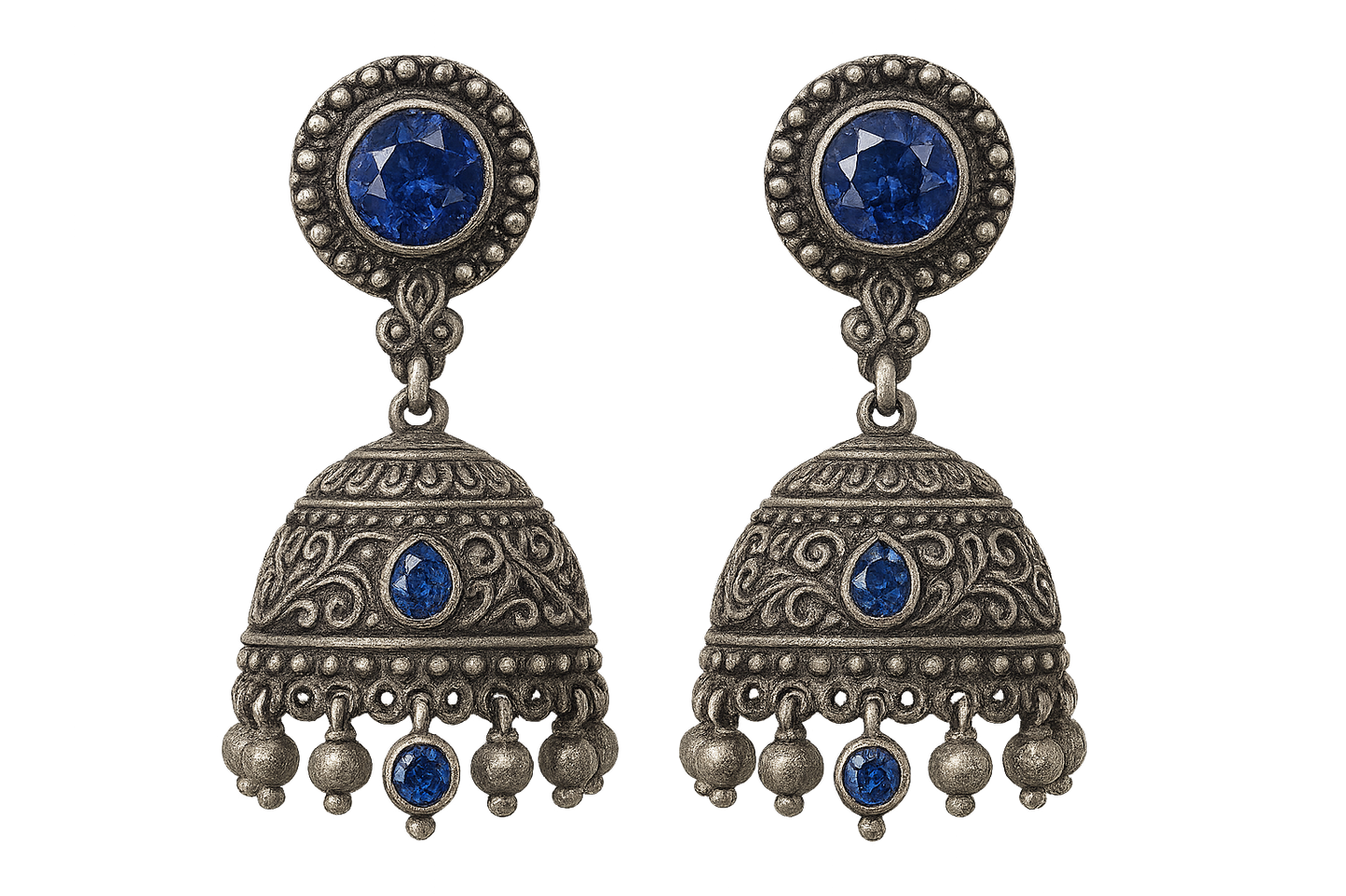 Oxidized Silver Jhumkas 57 with sapphire give the image in png format no background 