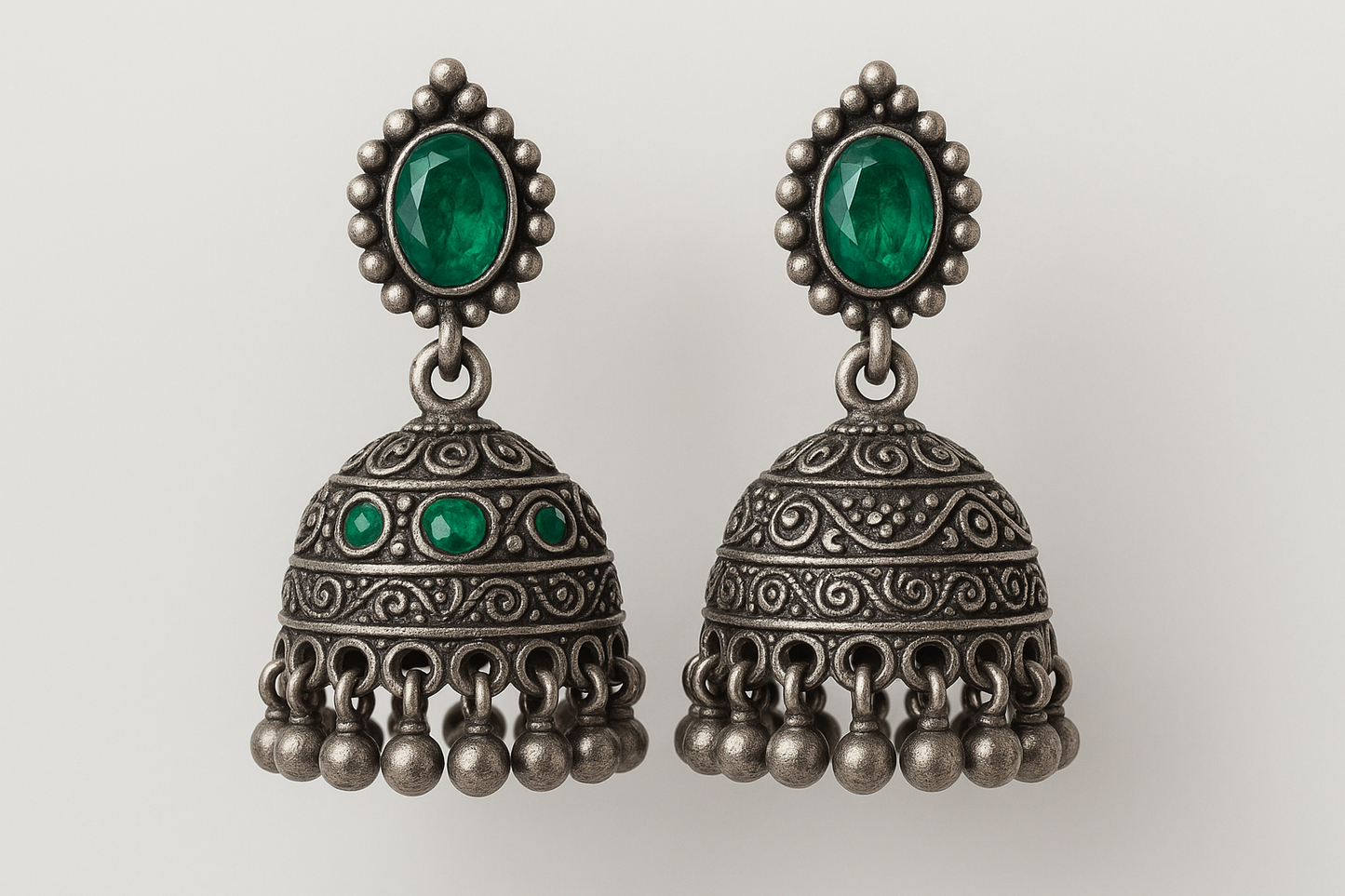 Oxidized Silver Jhumkas 58 with emerald give the image in png format no background