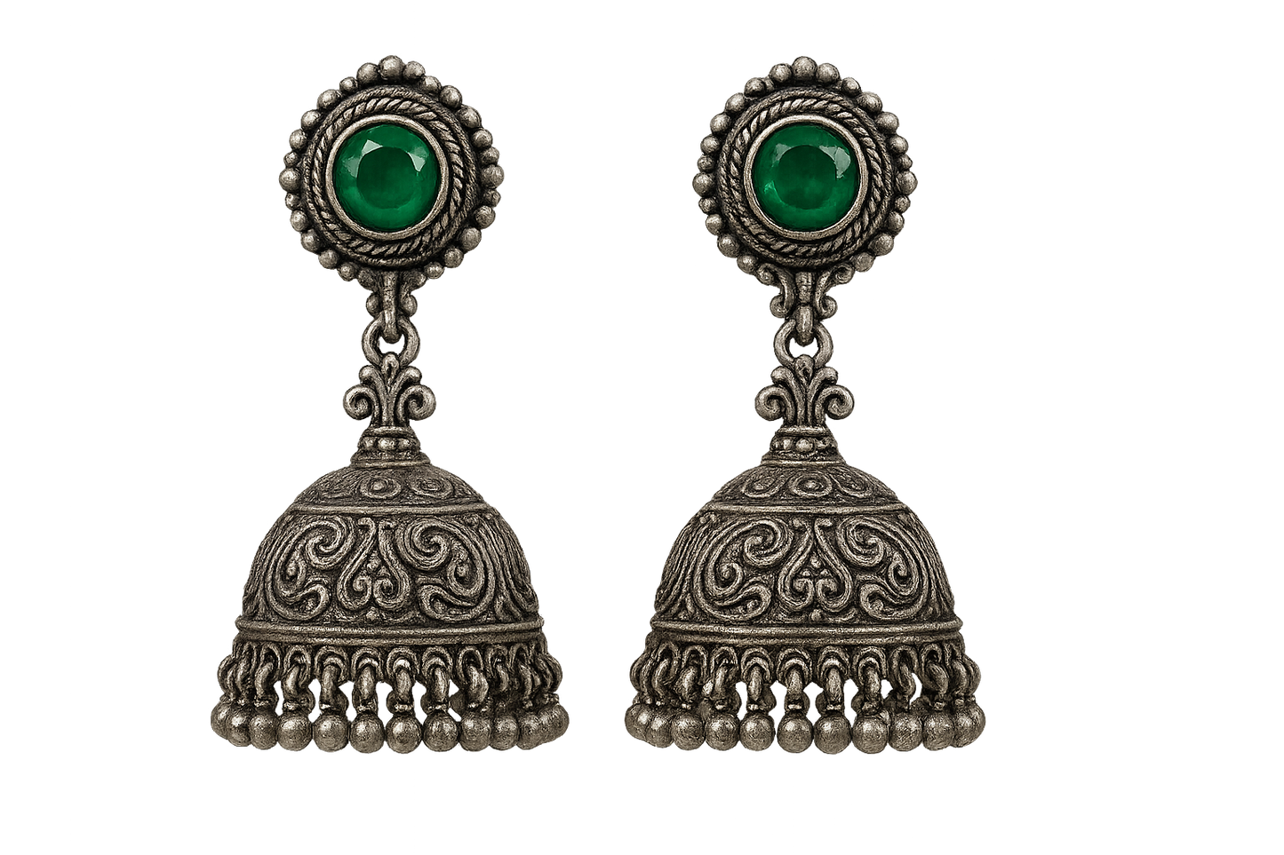 Oxidized Silver Jhumkas 58 with emerald give the image in png format no background 