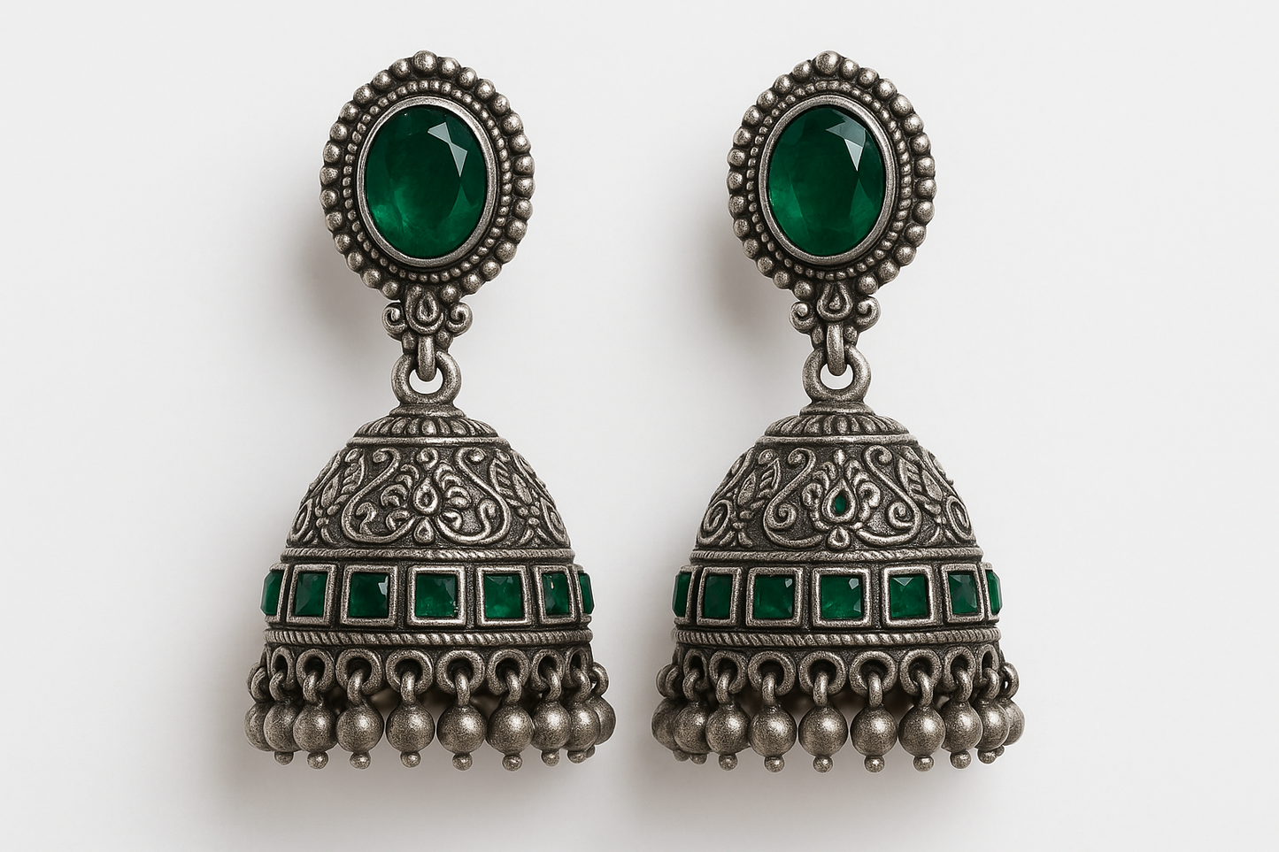 Oxidized Silver Jhumkas 58 with emerald give the image in png format no background 