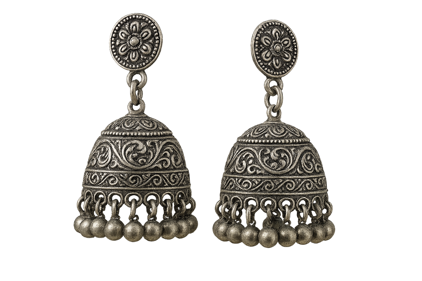 Oxidized Silver Jhumkas 58 with none give the image in png format no background 