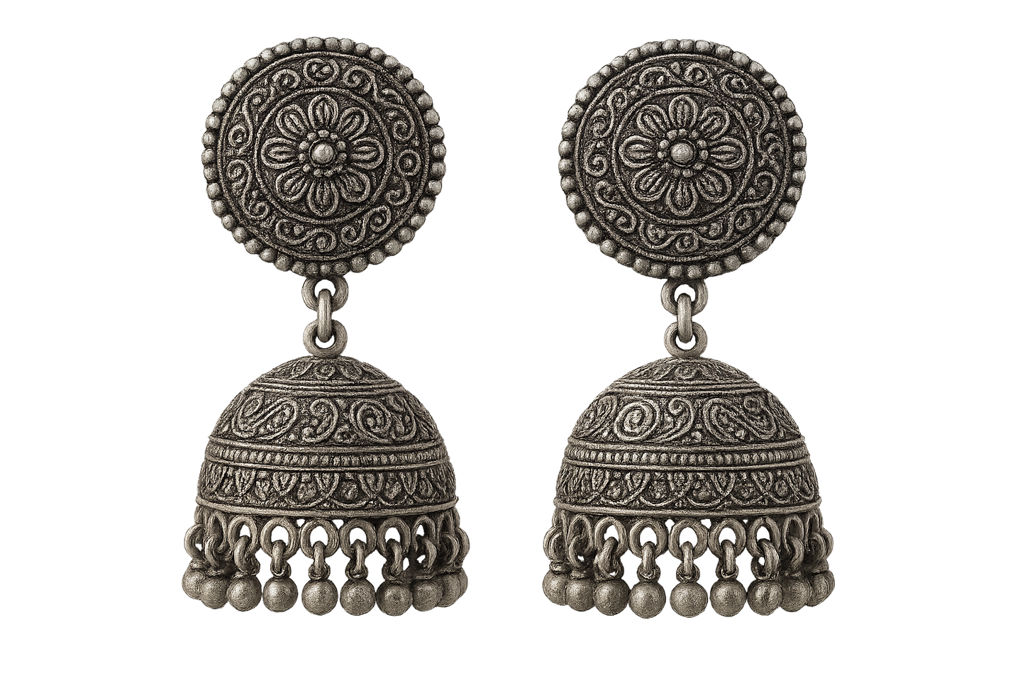 Oxidized Silver Jhumkas 58 with none give the image in png format no background