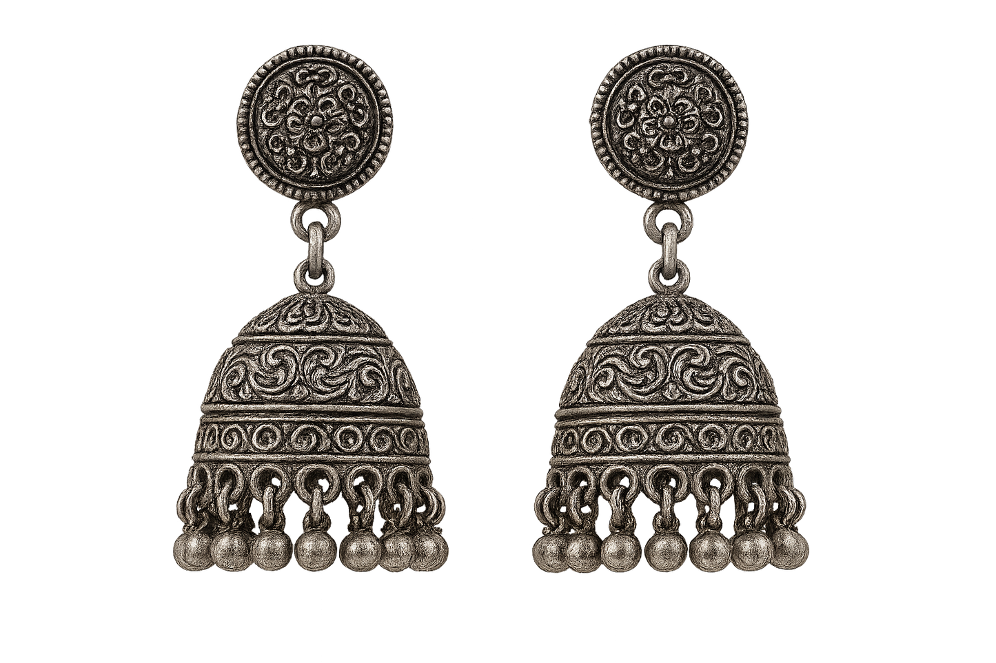 Oxidized Silver Jhumkas 58 with none give the image in png format no background 