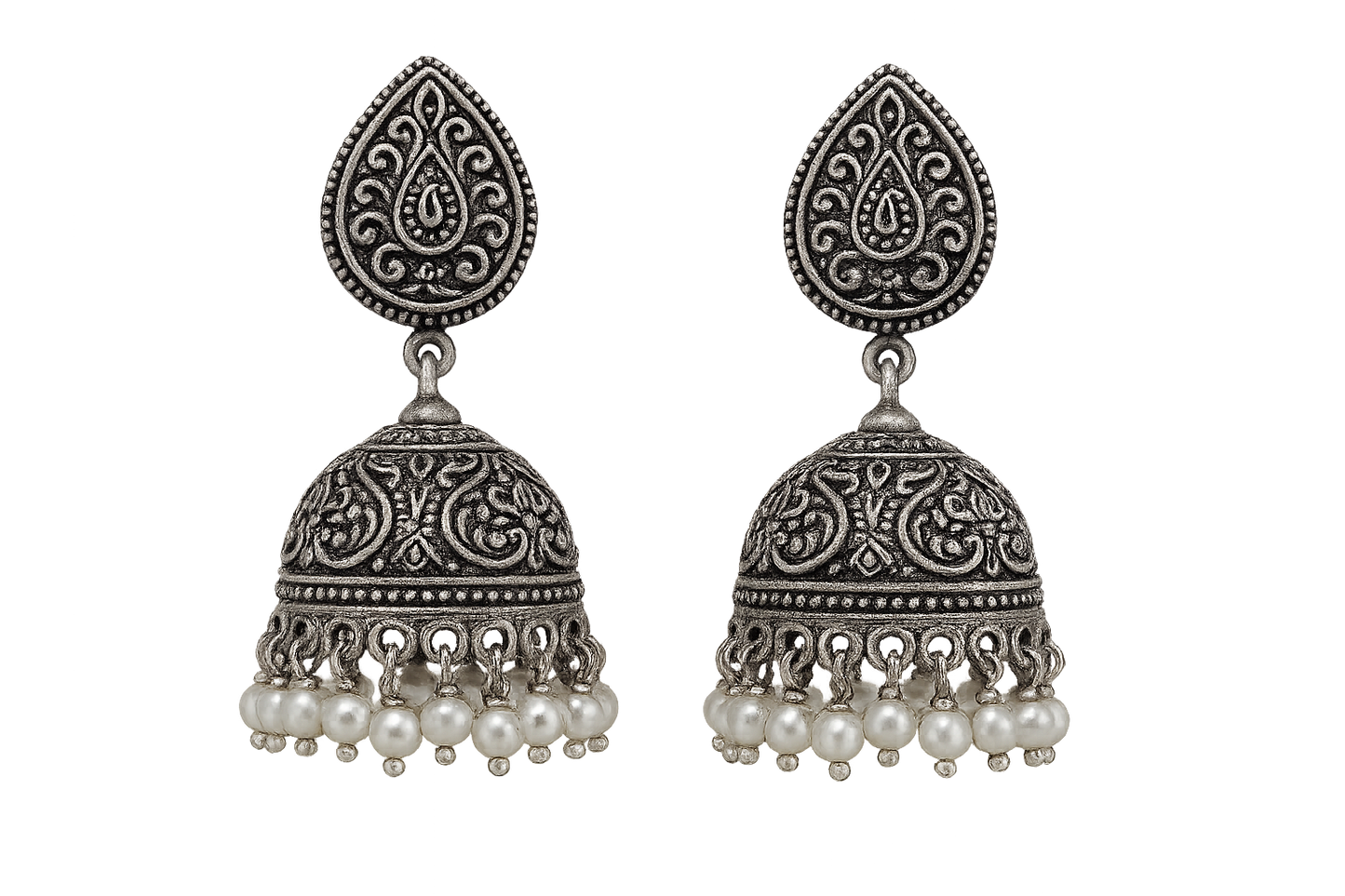 Oxidized Silver Jhumkas 58 with pearl give the image in png format no background 