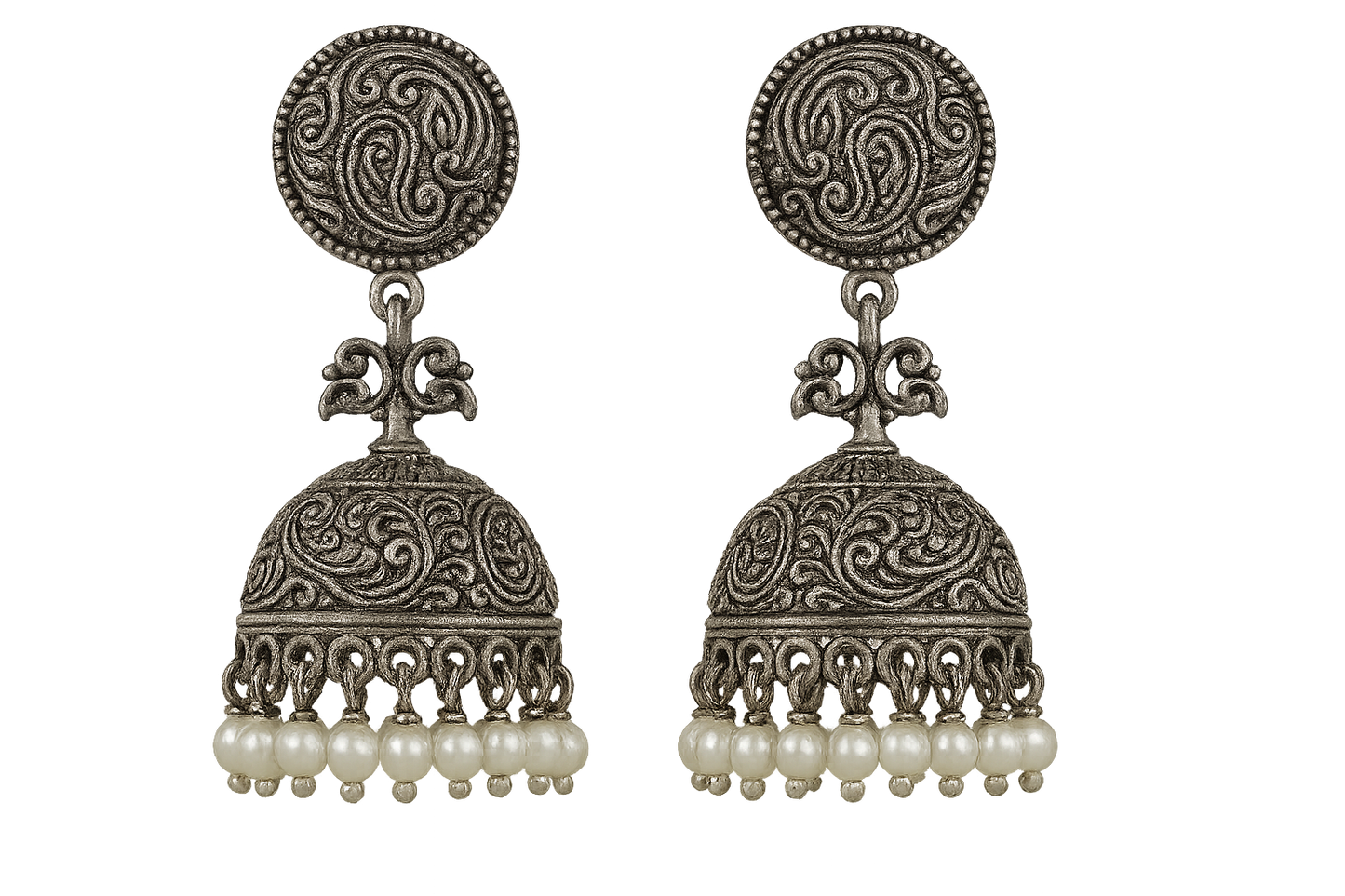 Oxidized Silver Jhumkas 58 with pearl give the image in png format no background 