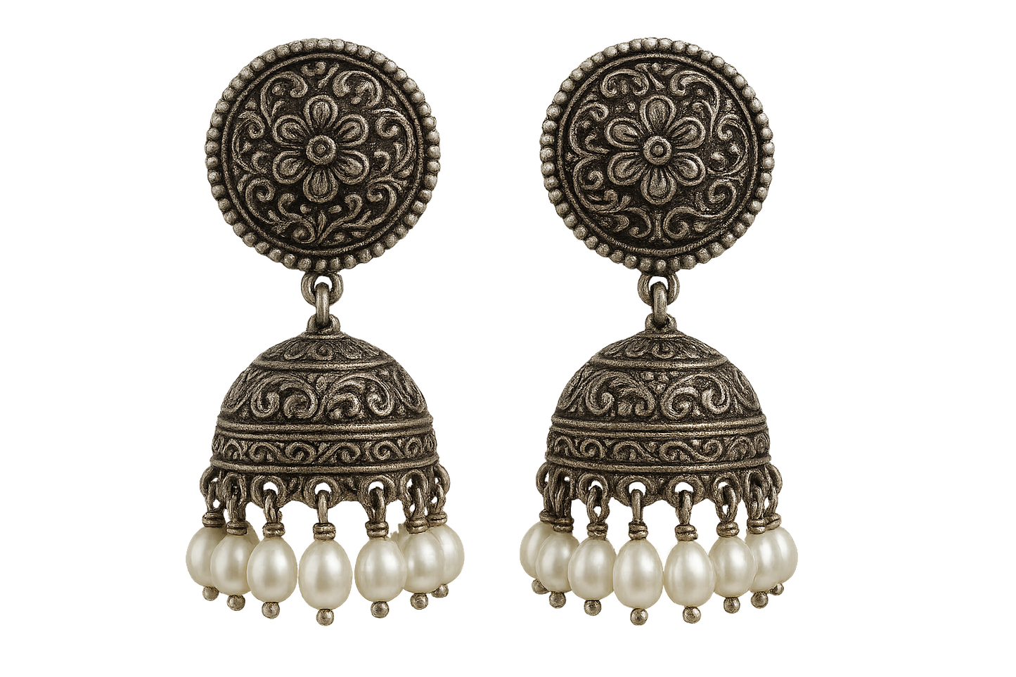 Oxidized Silver Jhumkas 58 with pearl give the image in png format no background 