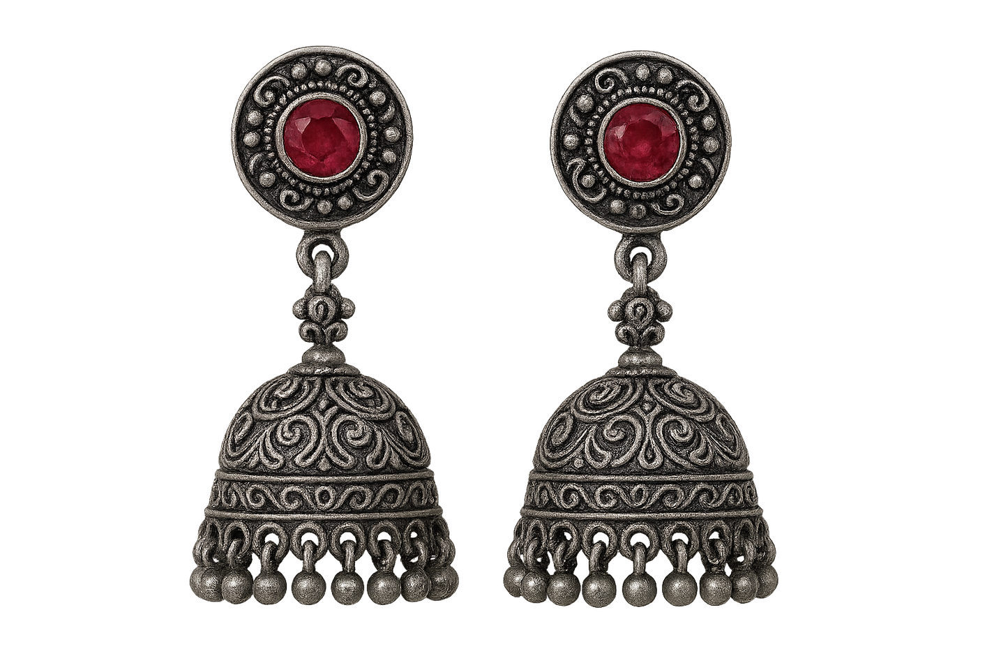 Oxidized Silver Jhumkas 58 with ruby give the image in png format no background 