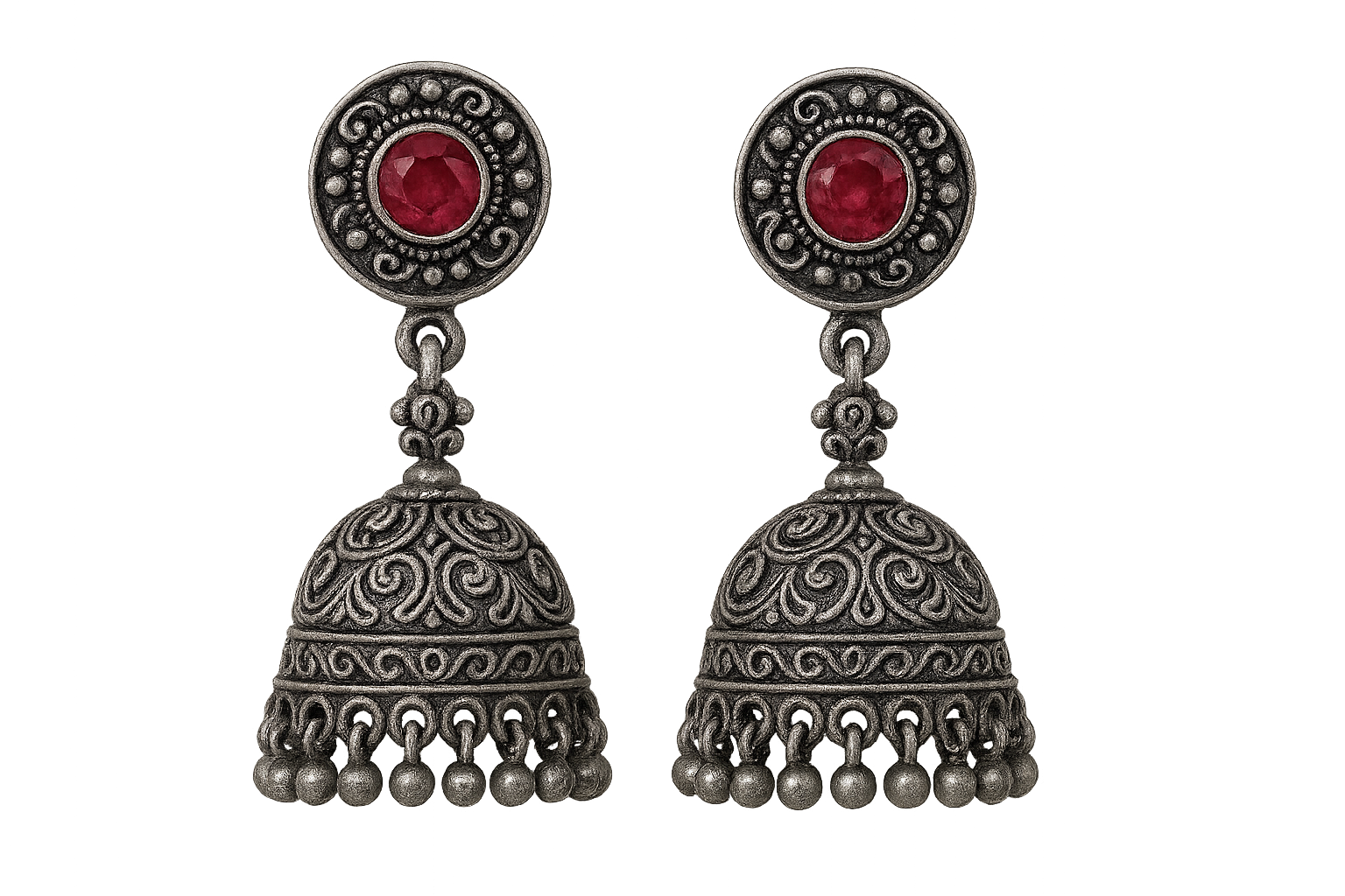Oxidized Silver Jhumkas 58 with ruby give the image in png format no background 
