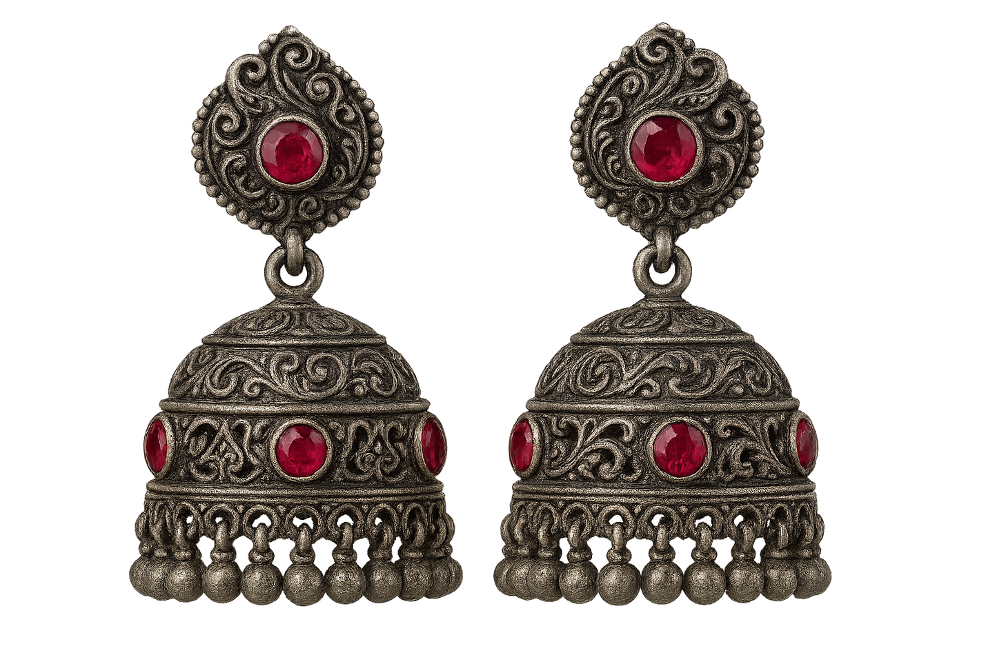 Oxidized Silver Jhumkas 58 with ruby give the image in png format no background 