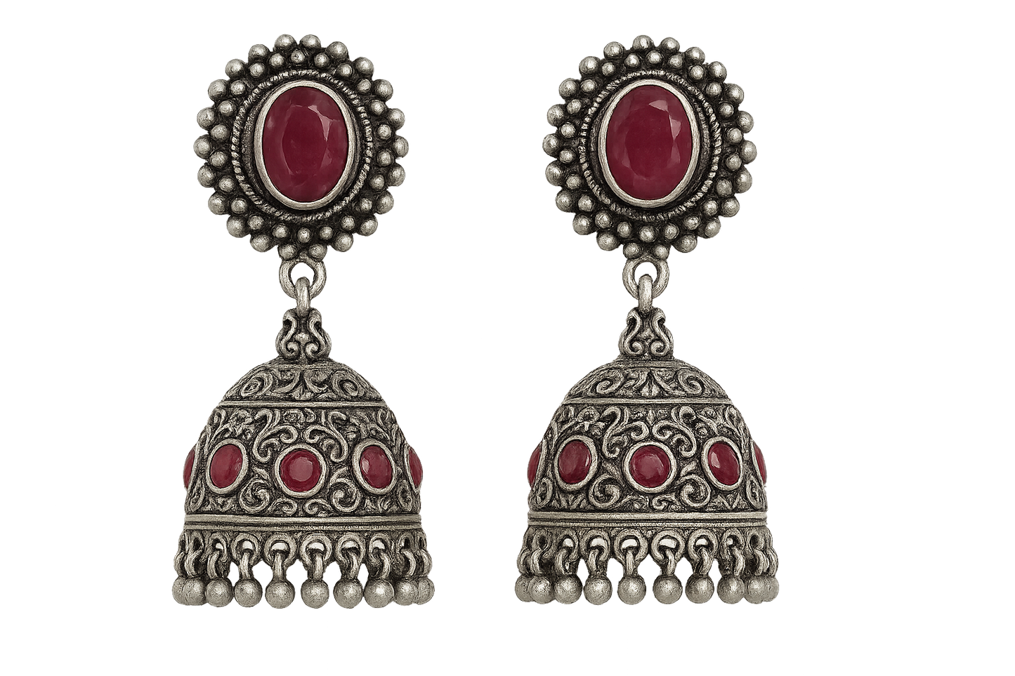Oxidized Silver Jhumkas 58 with ruby give the image in png format no background 