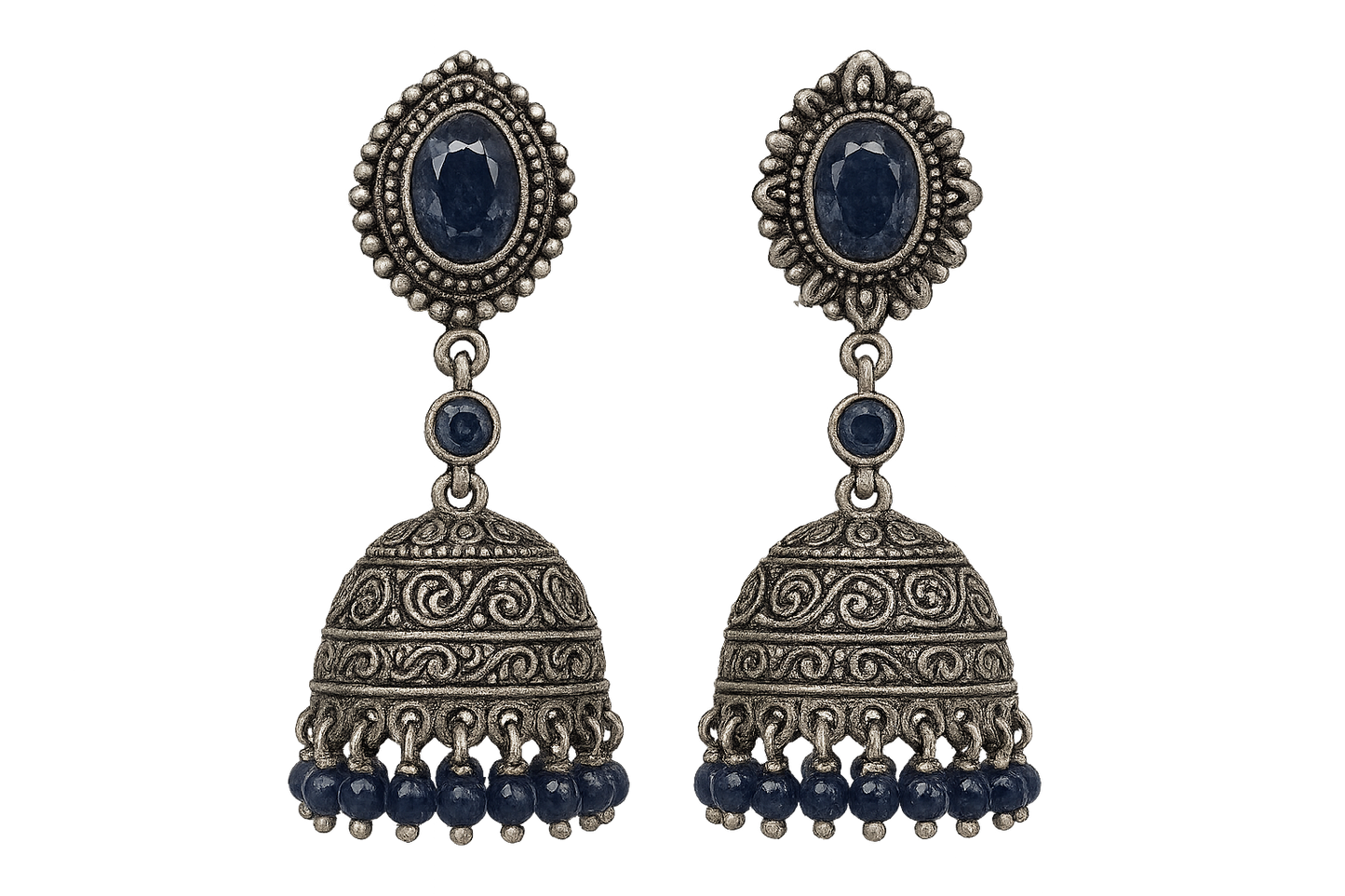 Oxidized Silver Jhumkas 58 with sapphire give the image in png format no background 