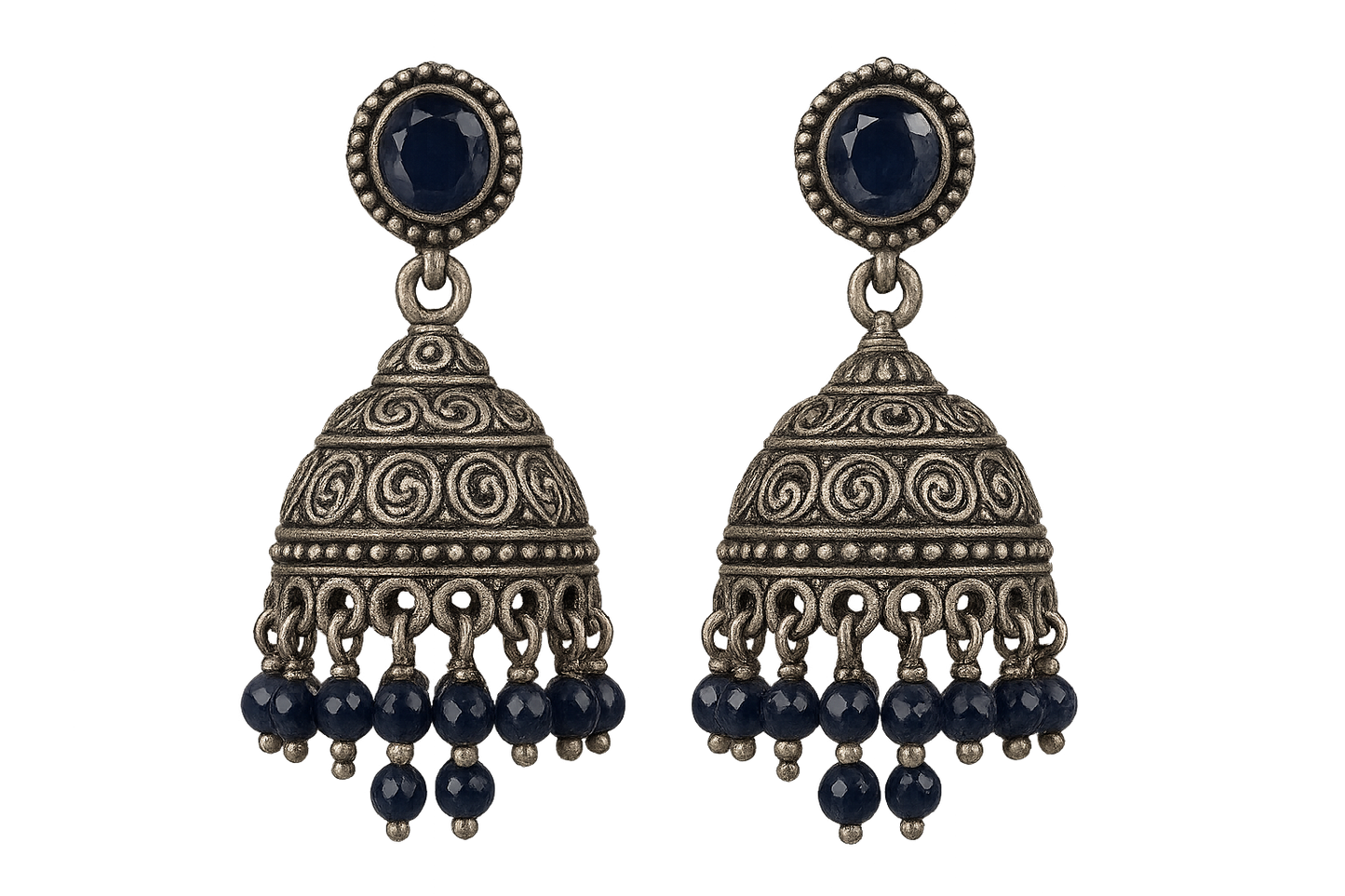 Oxidized Silver Jhumkas 58 with sapphire give the image in png format no background 