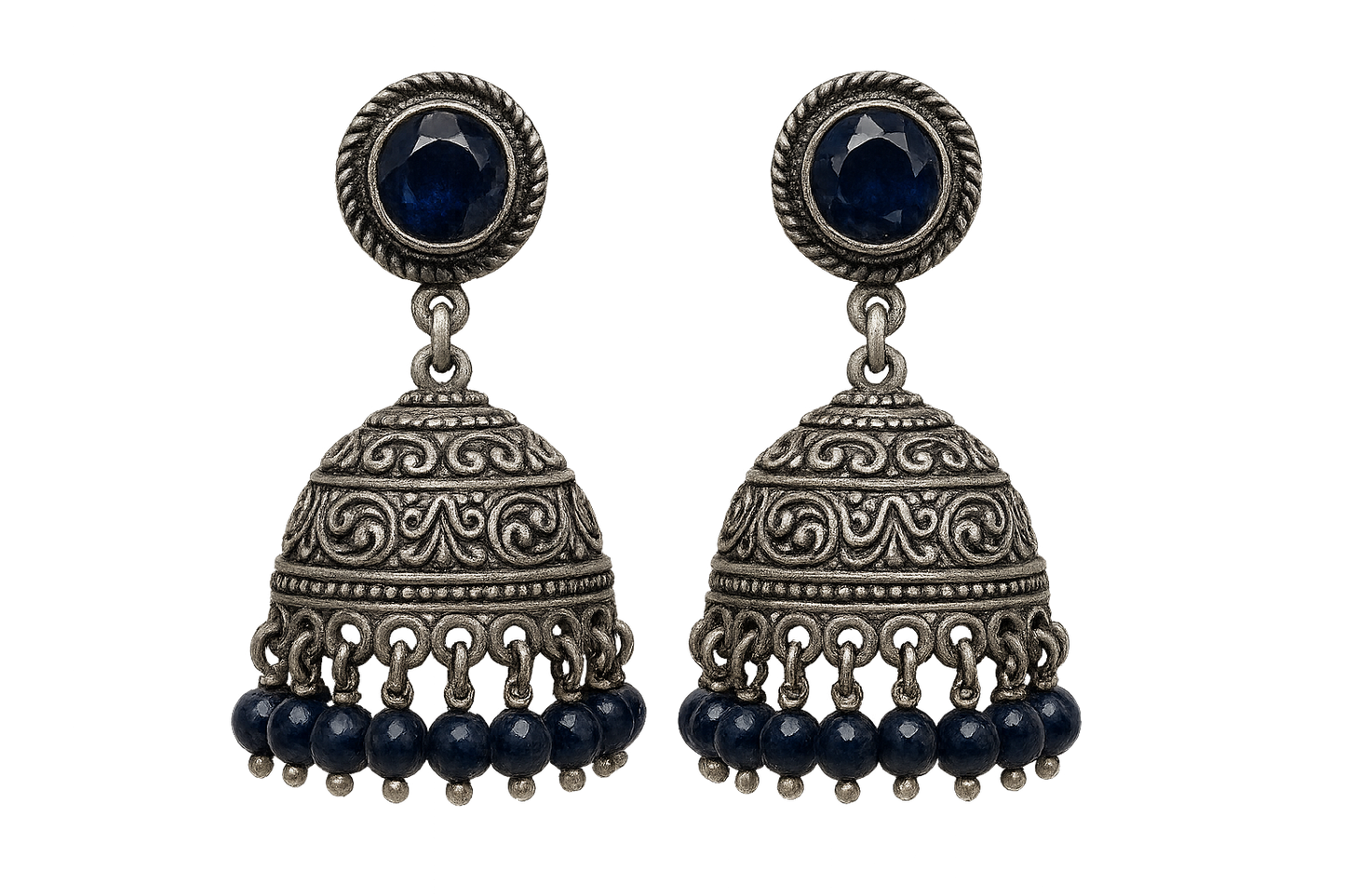 Oxidized Silver Jhumkas 58 with sapphire give the image in png format no background 