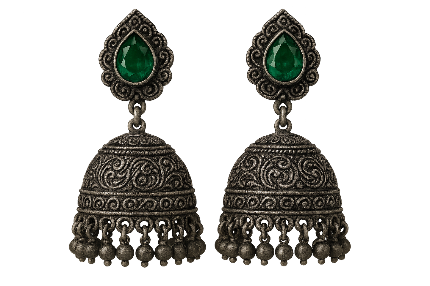 Oxidized Silver Jhumkas 64 with emerald give the image in png format no background