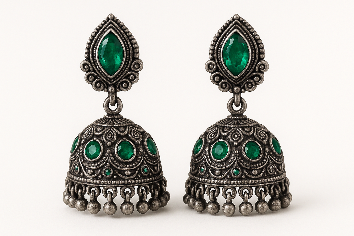 Oxidized Silver Jhumkas 64 with emerald give the image in png format no background