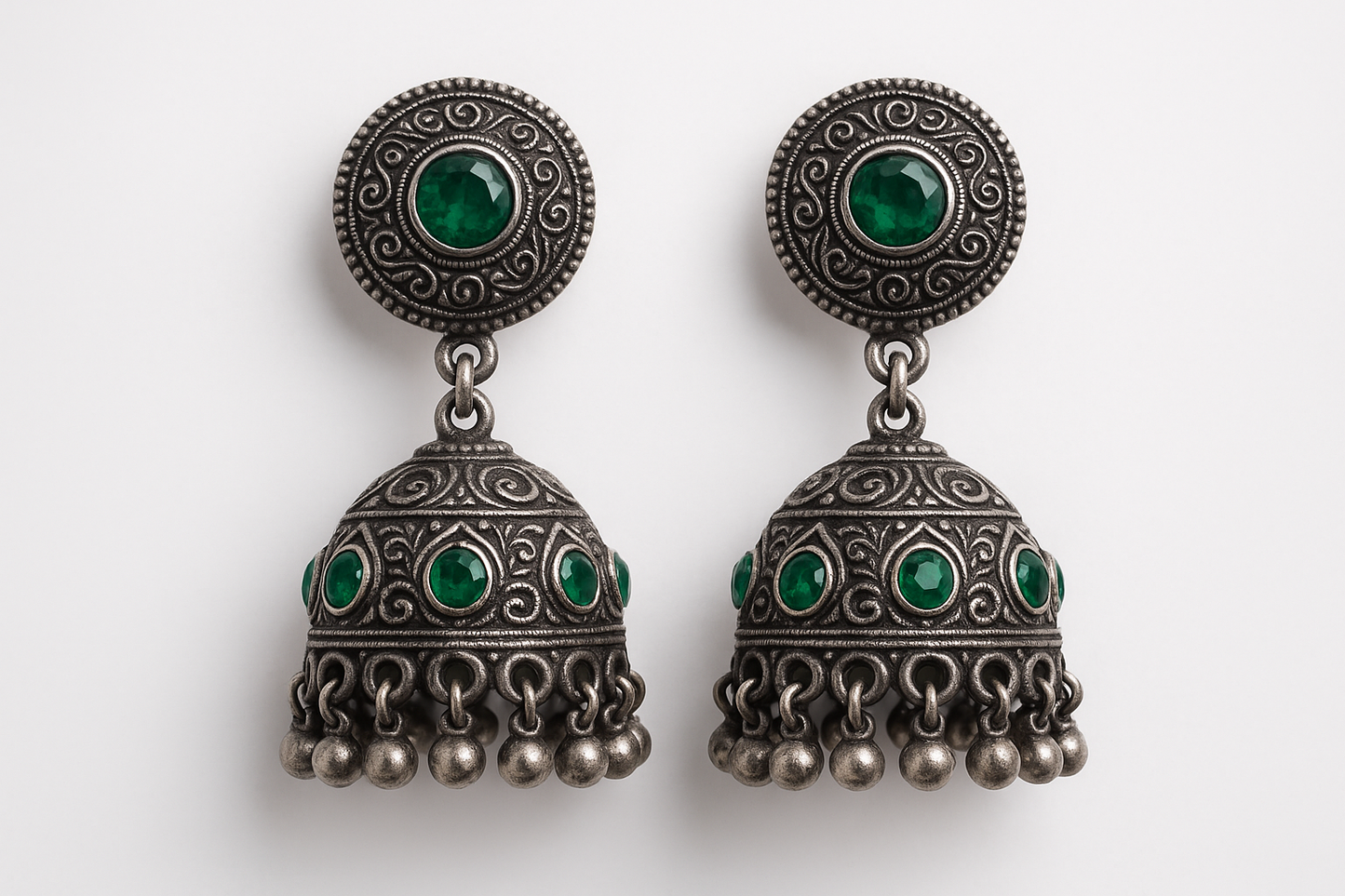 Oxidized Silver Jhumkas 64 with emerald give the image in png format no background