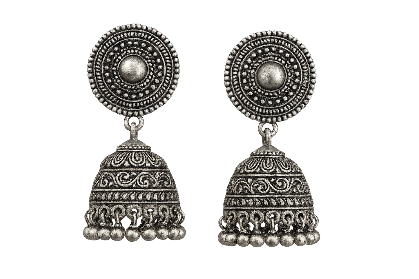 Oxidized Silver Jhumkas 64 with none give the image in png format no background