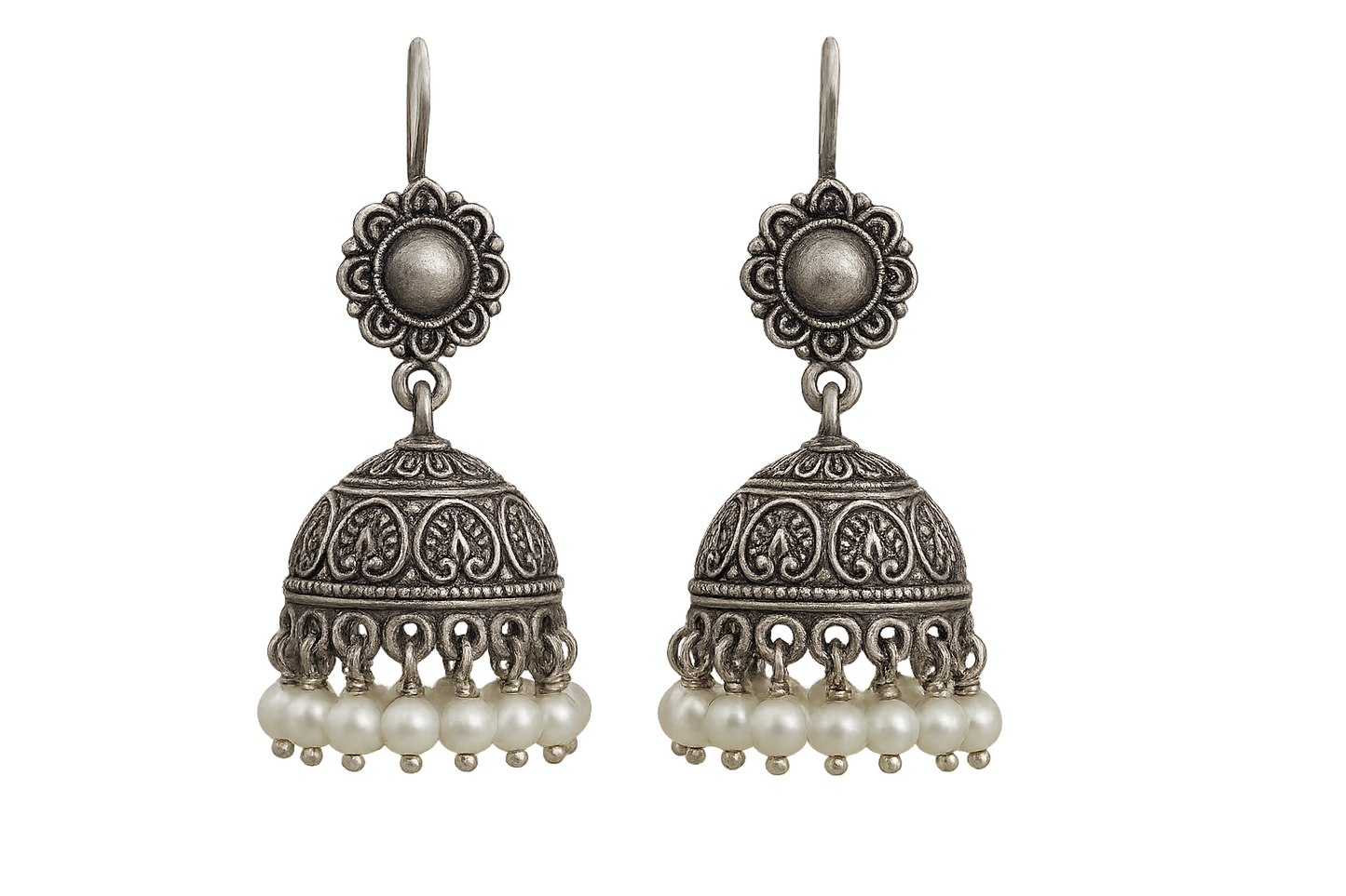 Oxidized Silver Jhumkas 64 with pearl give the image in png format no background