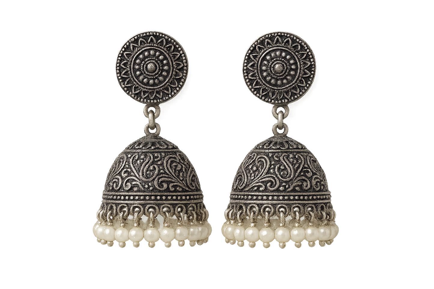 Oxidized Silver Jhumkas 64 with pearl give the image inpng format no background
