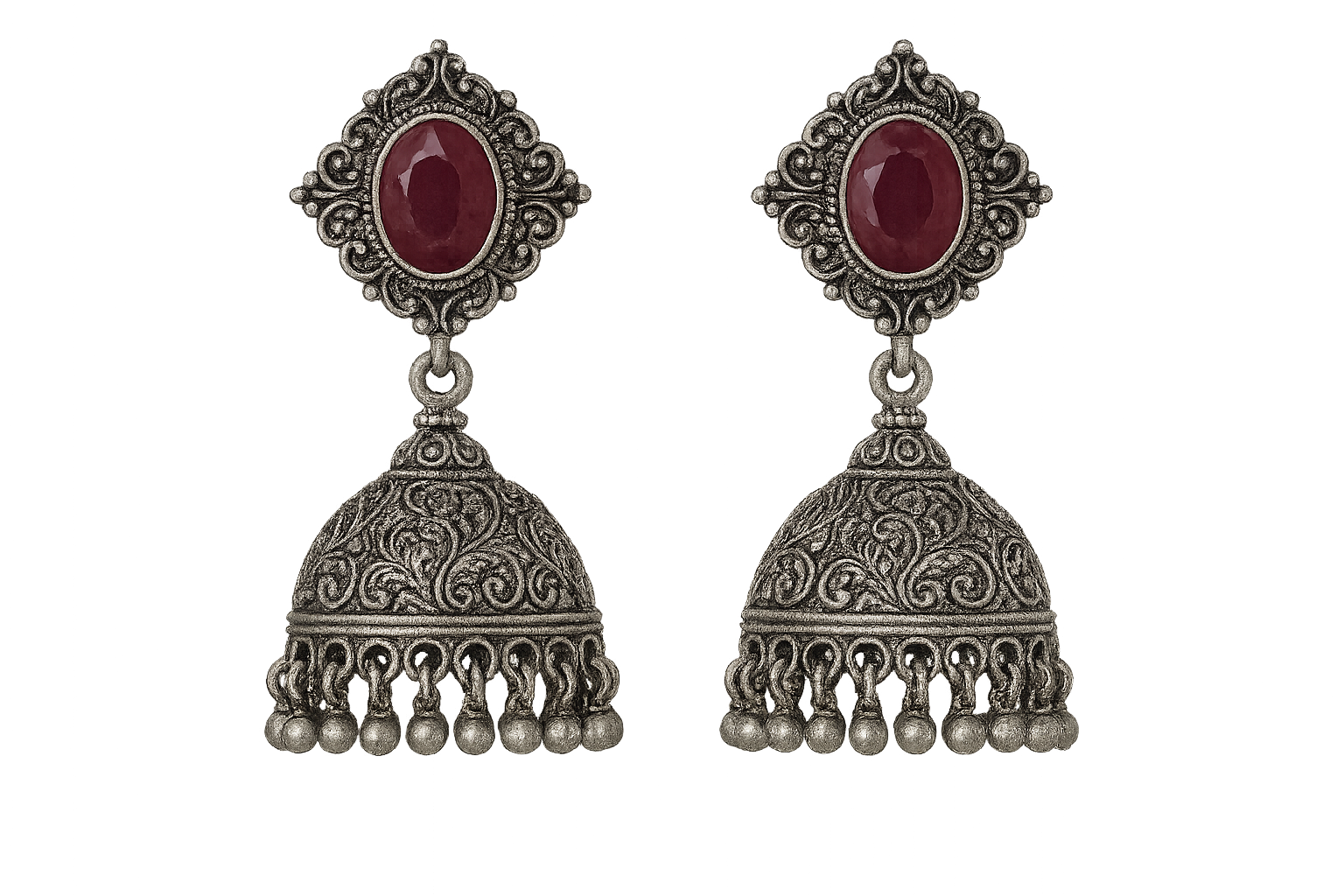 Oxidized Silver Jhumkas 64 with ruby give the image in png format no background