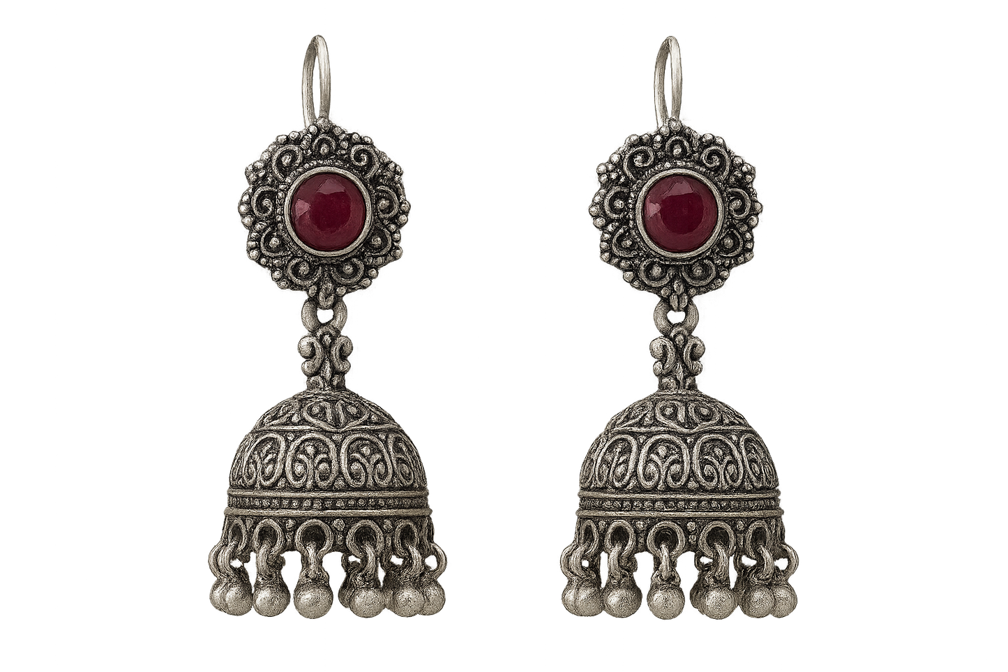 Oxidized Silver Jhumkas 64 with ruby give the image in png format no background
