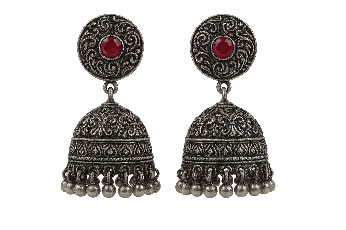 Oxidized Silver Jhumkas 64 with ruby give the image in png format no background 