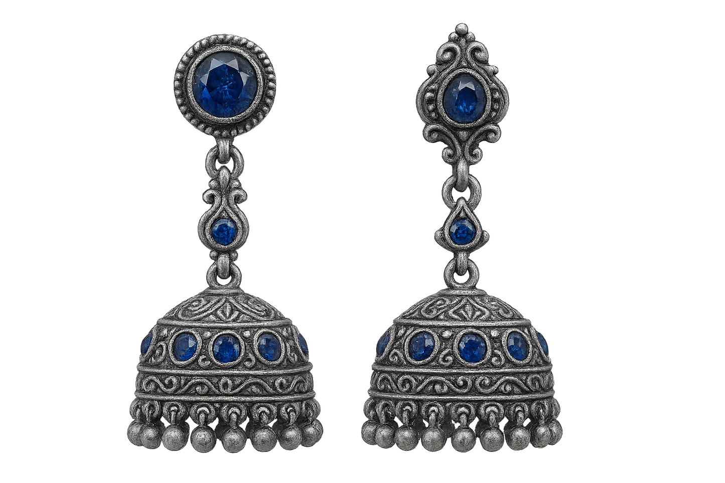 Oxidized Silver Jhumkas 64 with sapphire give the image in png format no background 