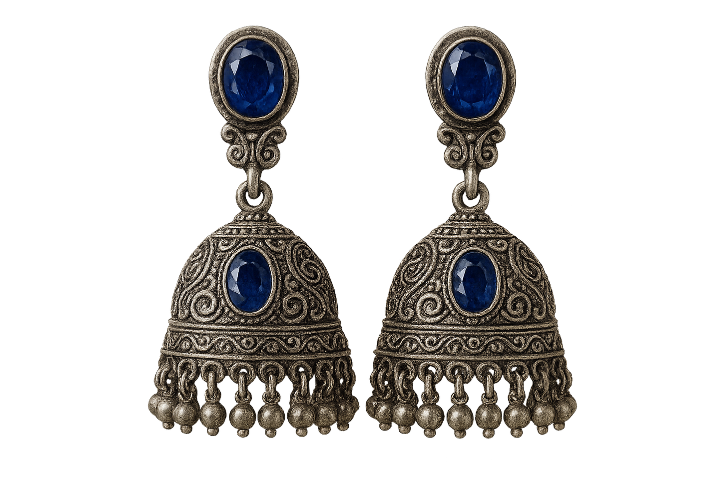 Oxidized Silver Jhumkas 64 with sapphire give the image in png format no background