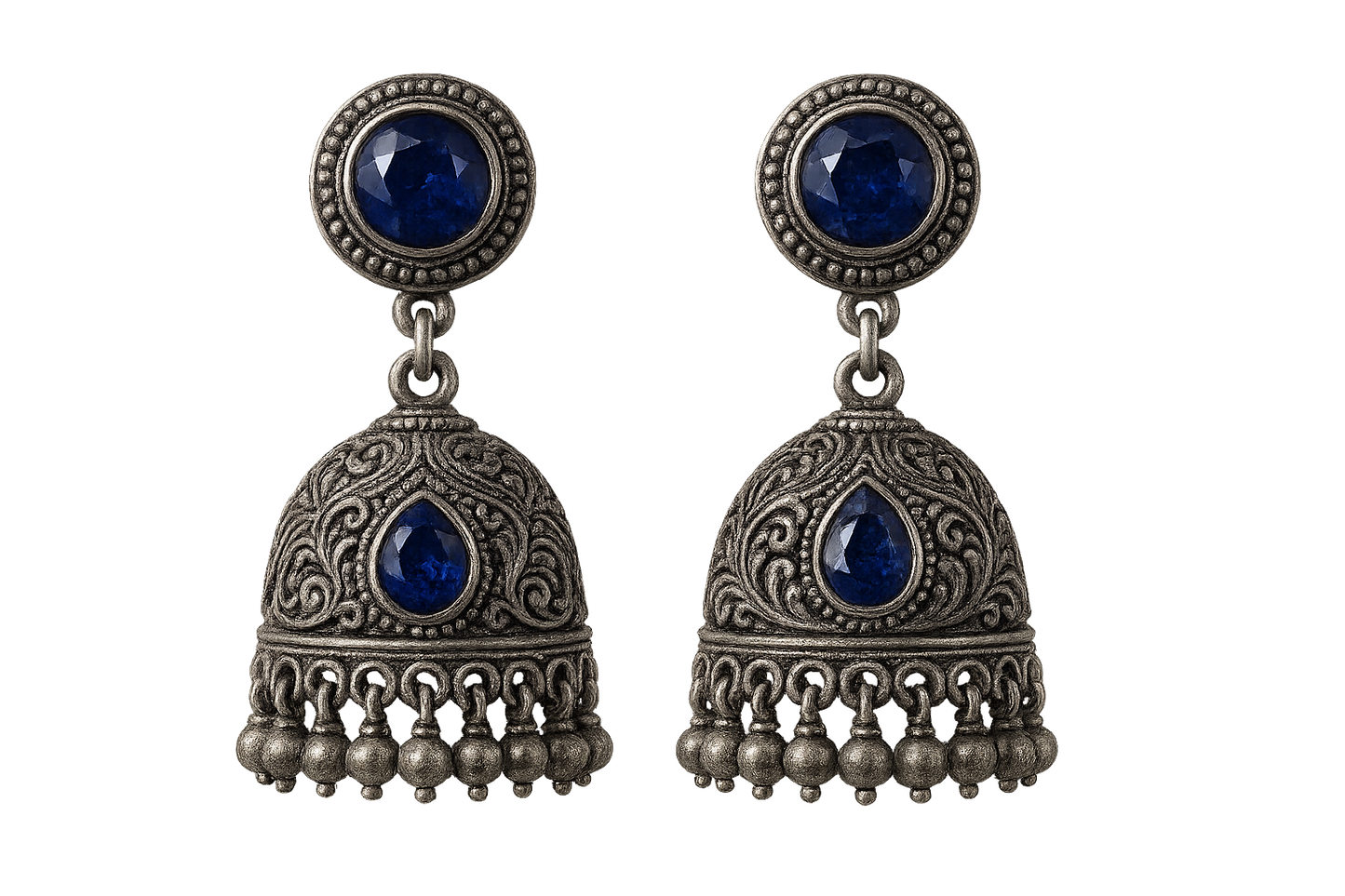 Oxidized Silver Jhumkas 64 with sapphire give the image in png format no background 