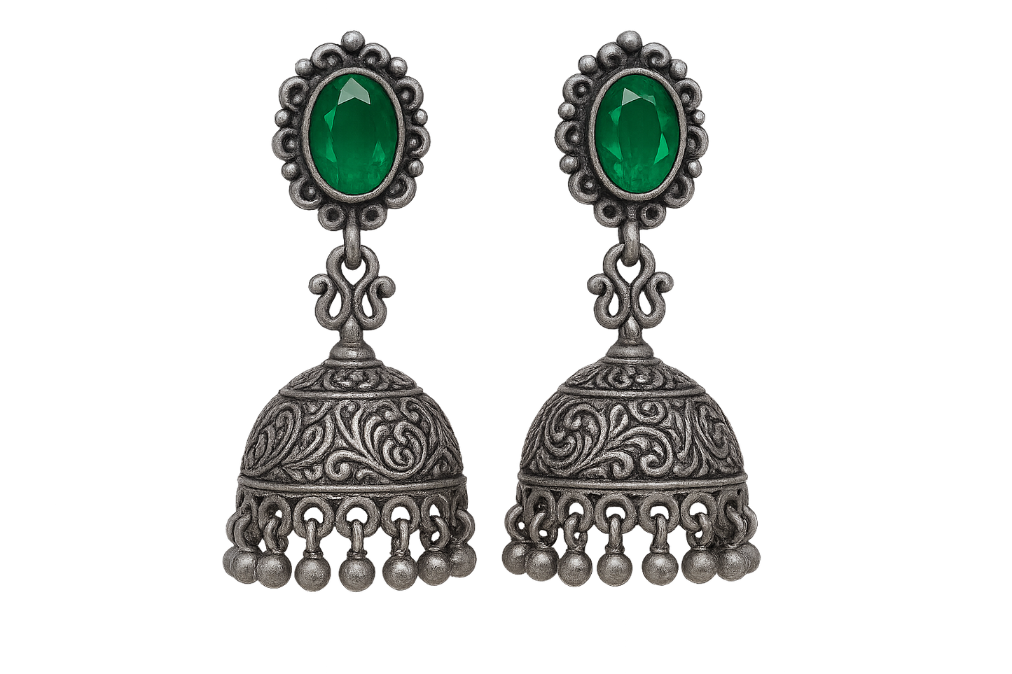 Oxidized Silver Jhumkas 66 with emerald  give the image in png format no background  