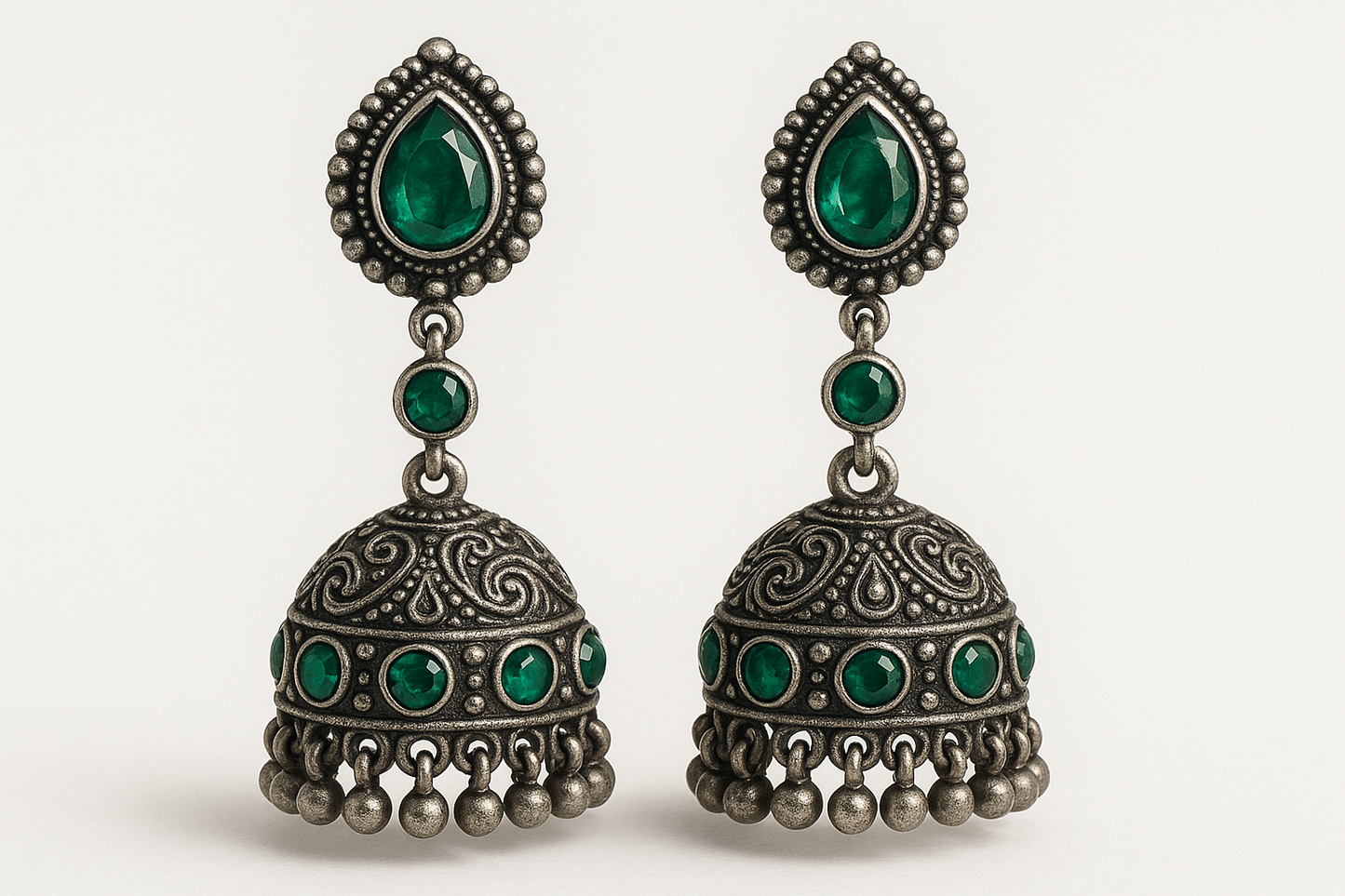 Oxidized Silver Jhumkas 66 with emerald  give the image in png format no background 