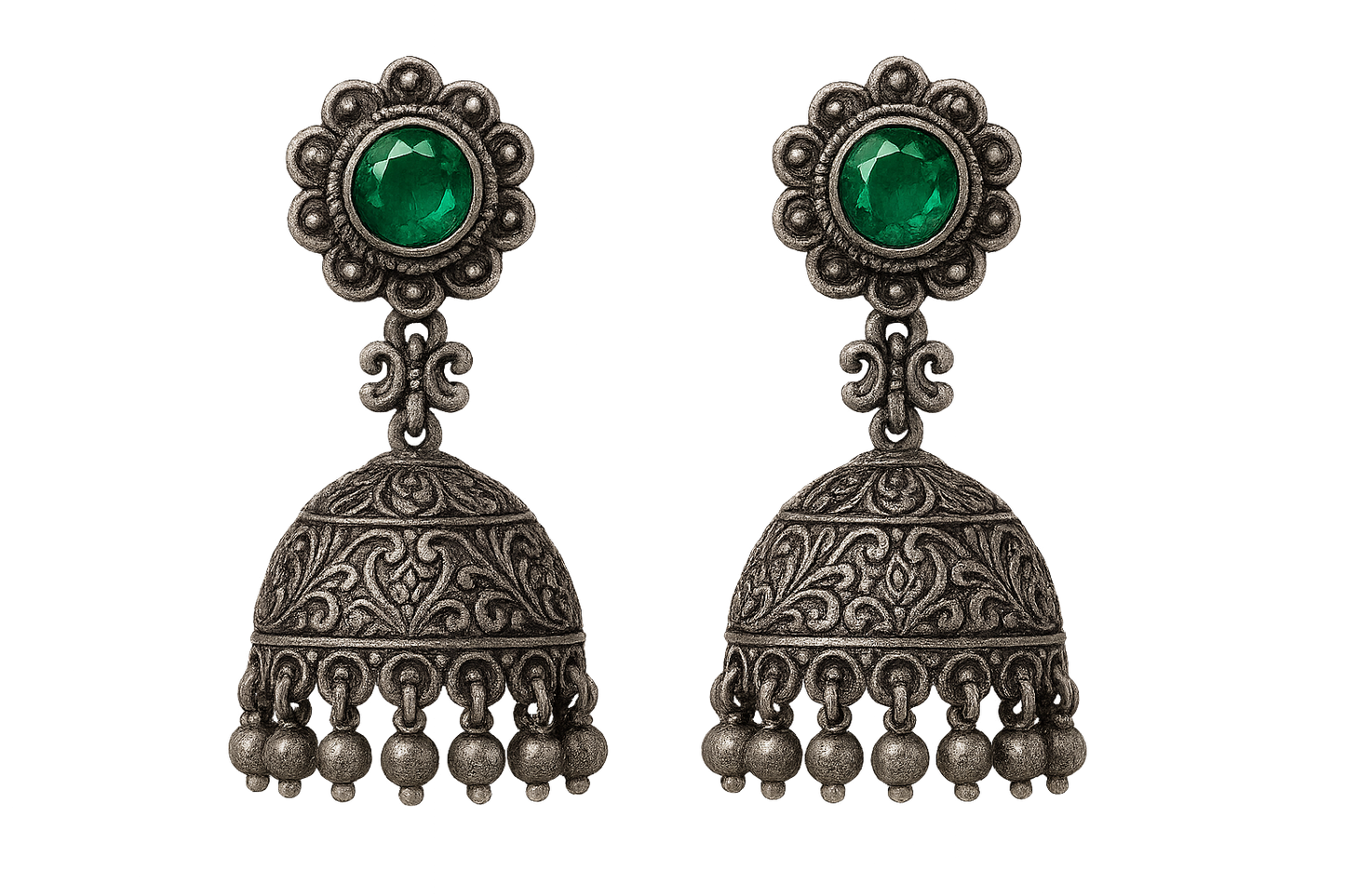  Oxidized Silver Jhumkas 66 with emerald give the image in png format no background 