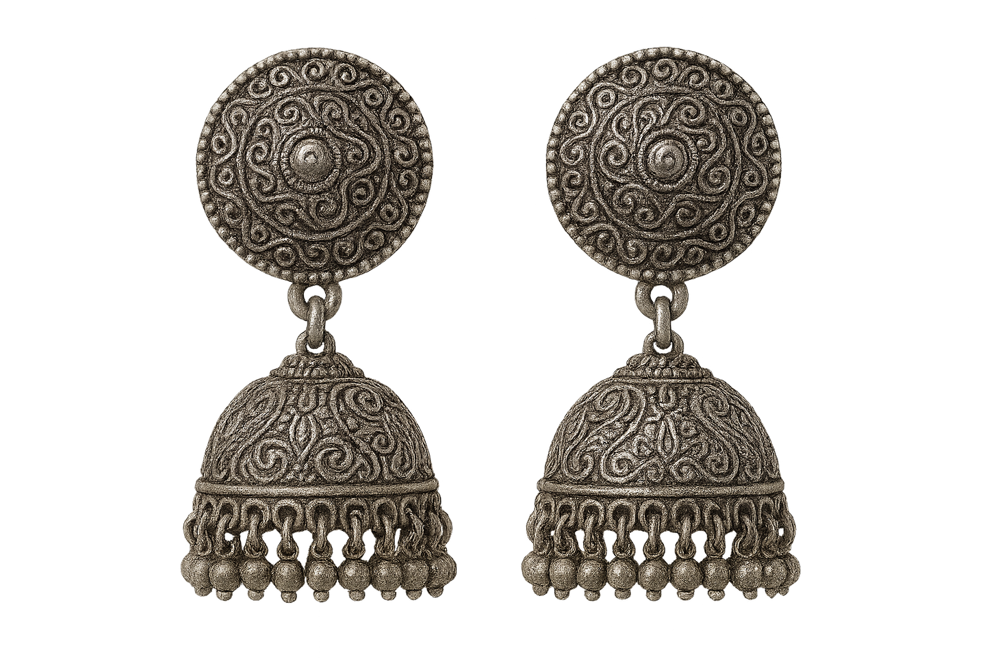 Oxidized Silver Jhumkas 66 with none  give the image in png format no background 