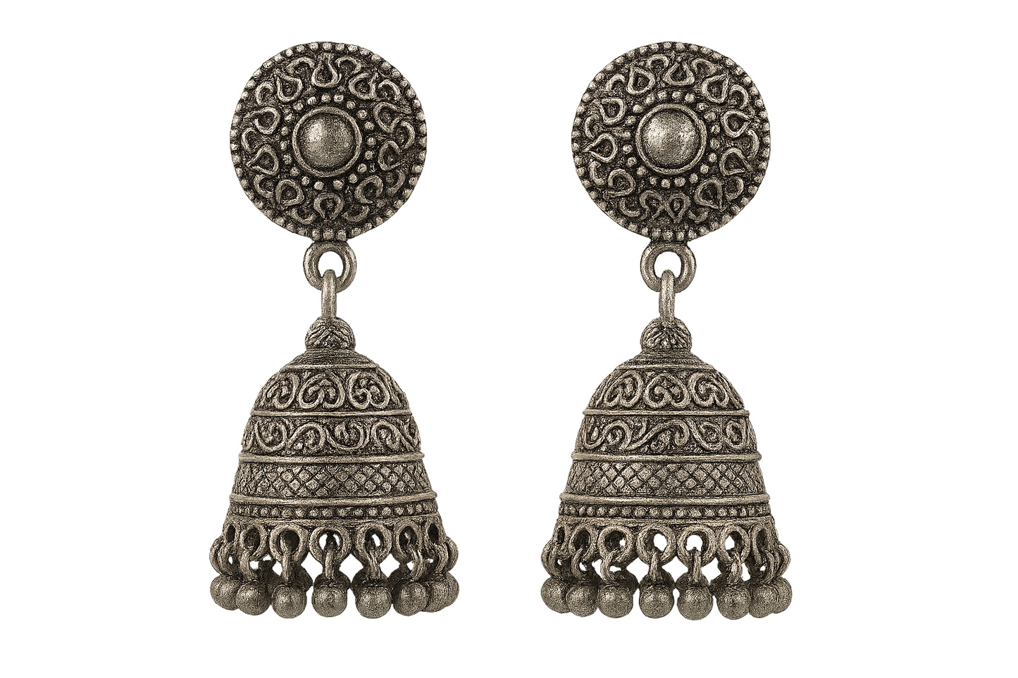 Oxidized Silver Jhumkas 66 with none  give the image in png format no background 