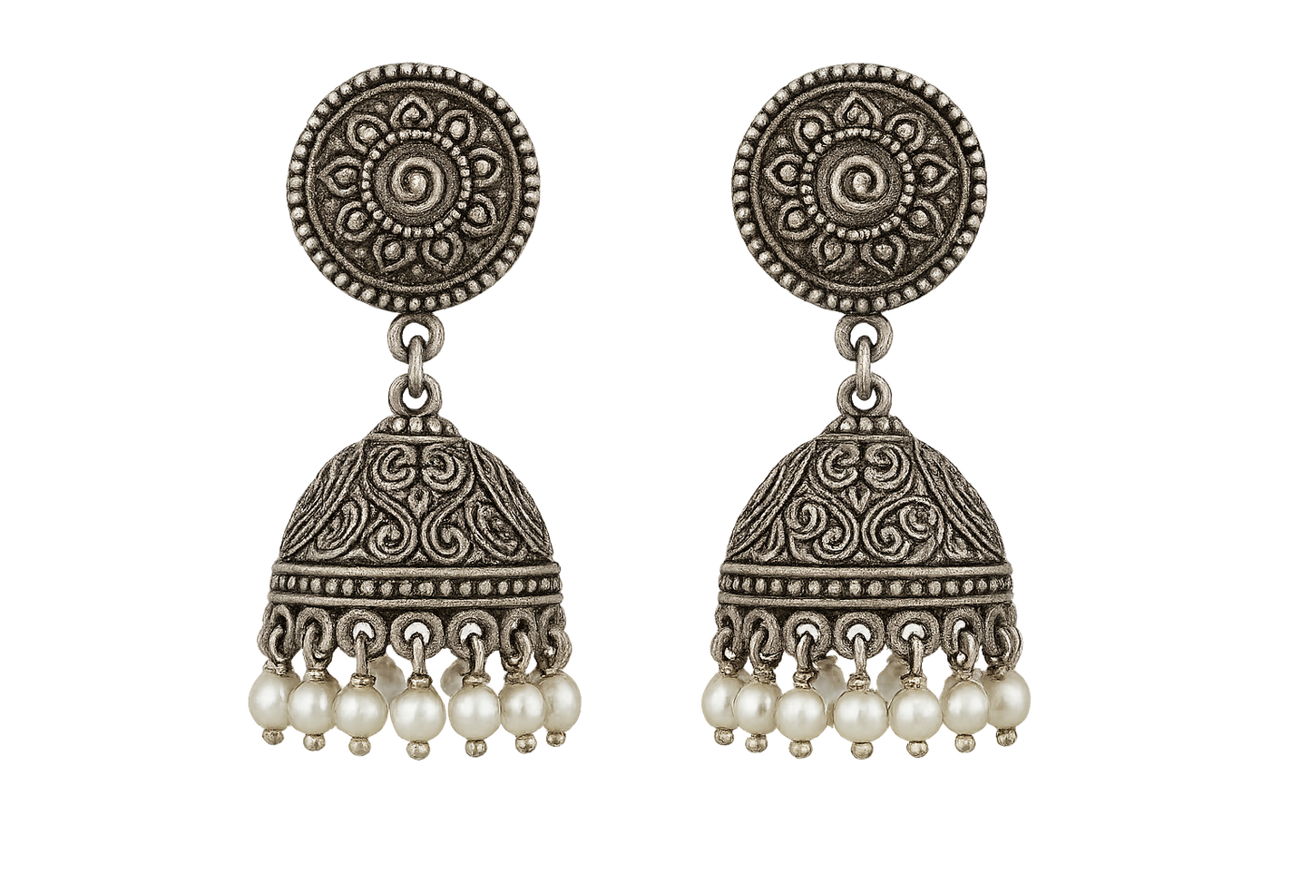 Oxidized Silver Jhumkas 66 with pearl  give the image in png format no background 