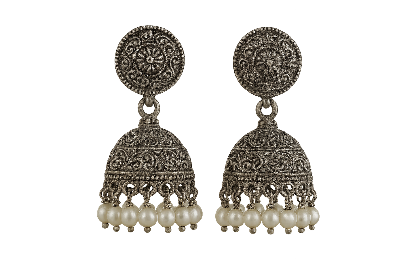  Oxidized Silver Jhumkas 66 with pearl give the image in png format no background 