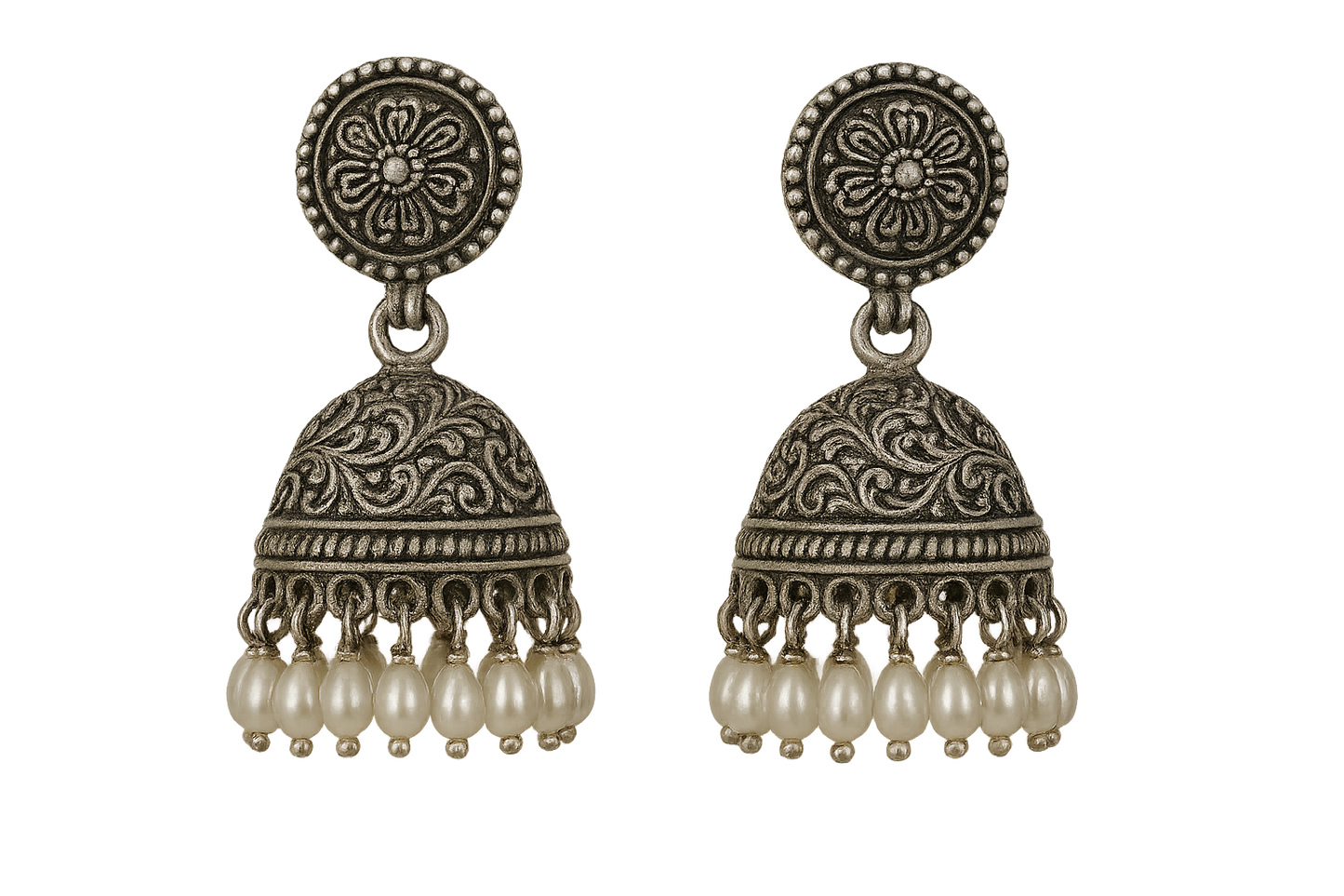 Oxidized Silver Jhumkas 66 with pearl  give the image in png format no background 