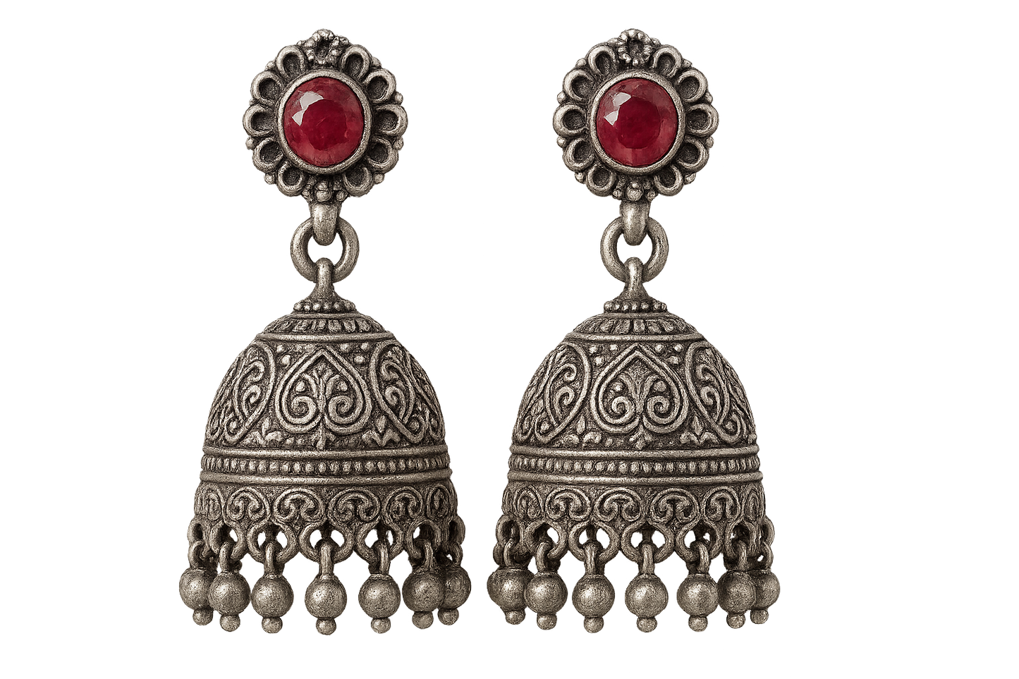 Oxidized Silver Jhumkas 66 with ruby  give the image in png format no background 