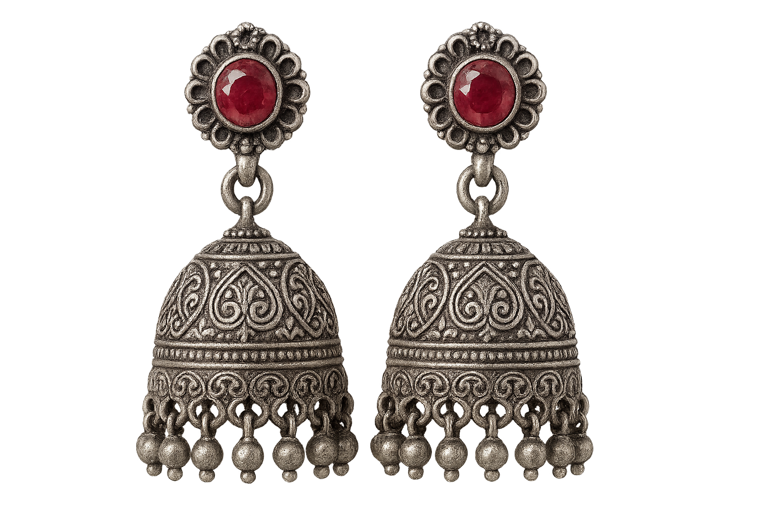 Oxidized Silver Jhumkas 66 with ruby  give the image in png format no background 