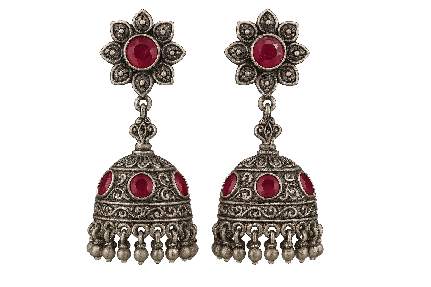 Oxidized Silver Jhumkas 66 with ruby  give the image in png format no background 
