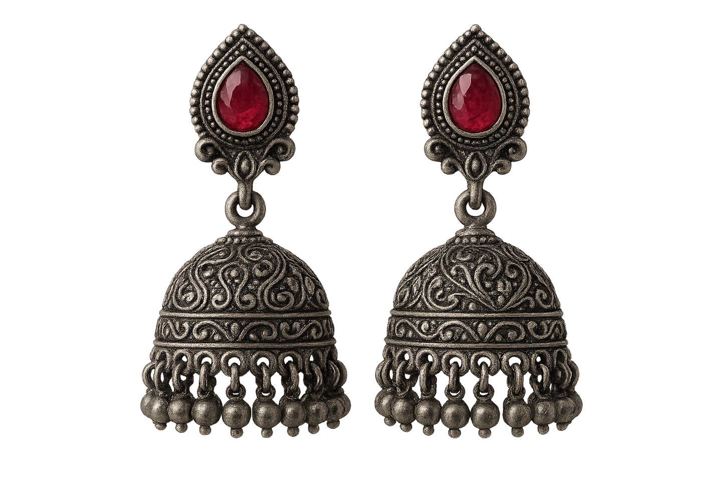  Oxidized Silver Jhumkas 66 with ruby give the image in png format no background 