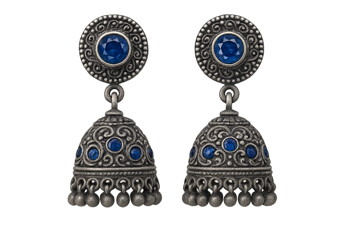Oxidized Silver Jhumkas 66 with sapphire  give the image in png format no background 