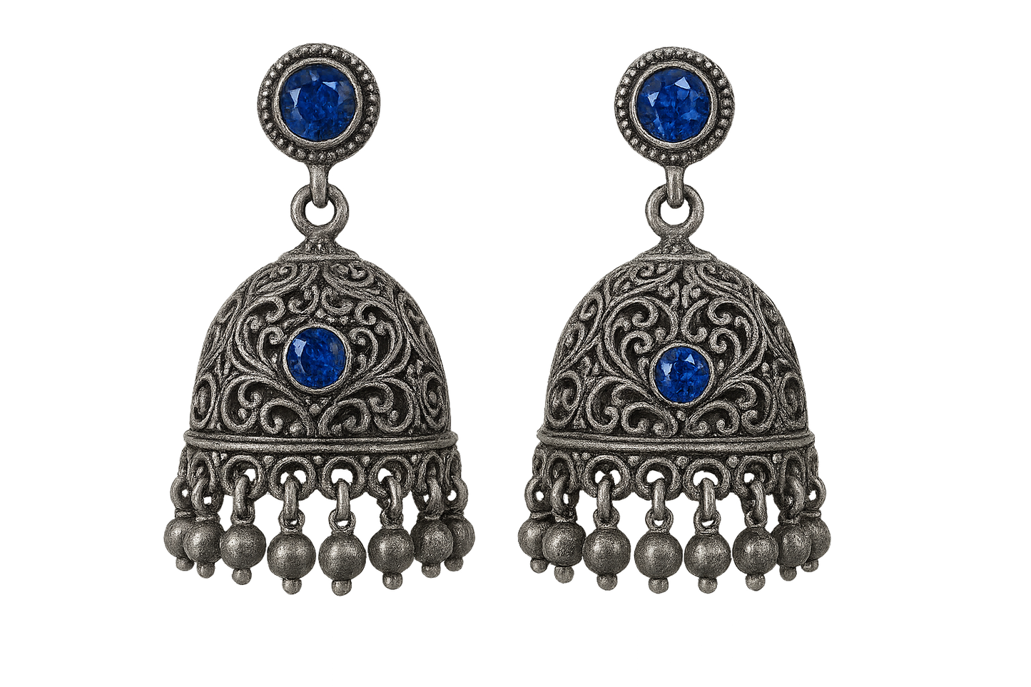 Oxidized Silver Jhumkas 66 with sapphire  give the image in png format no background 