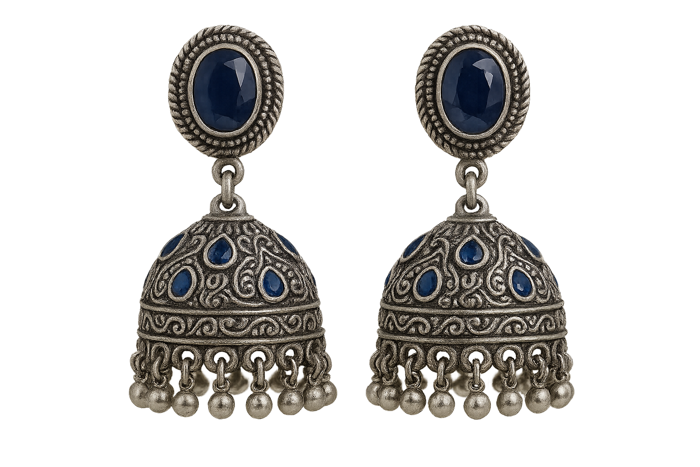  Oxidized Silver Jhumkas 66 withb sapphire give the image in png format no background 