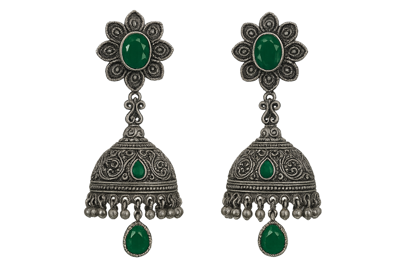 Oxidized Silver Jhumkas 71 wit emerald give the image in png format no background