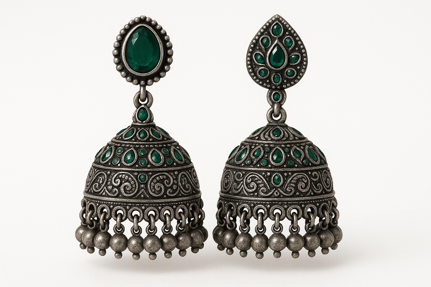 Oxidized Silver Jhumkas 71 with emerald give the image in png format no background 