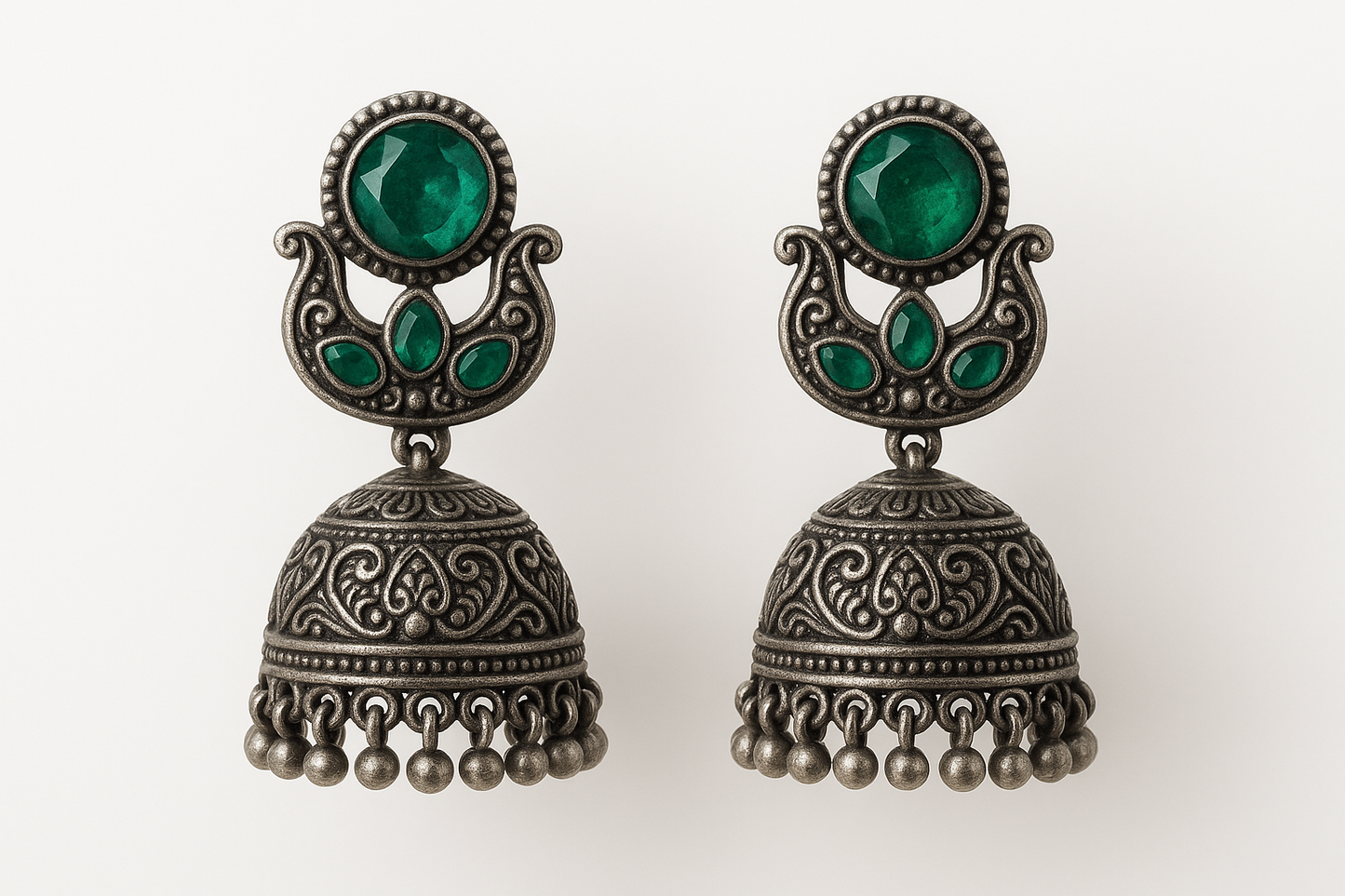 Oxidized Silver Jhumkas 71 with emerald give the image in png format no background